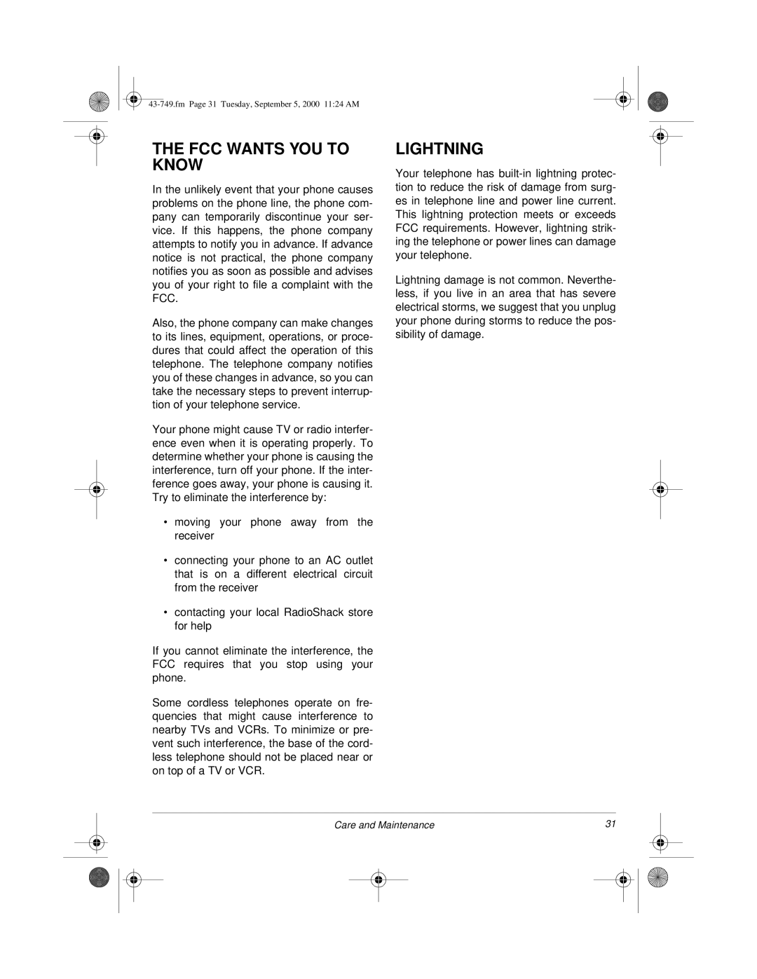 Radio Shack 900 MHz owner manual FCC Wants YOU to Know, Lightning 