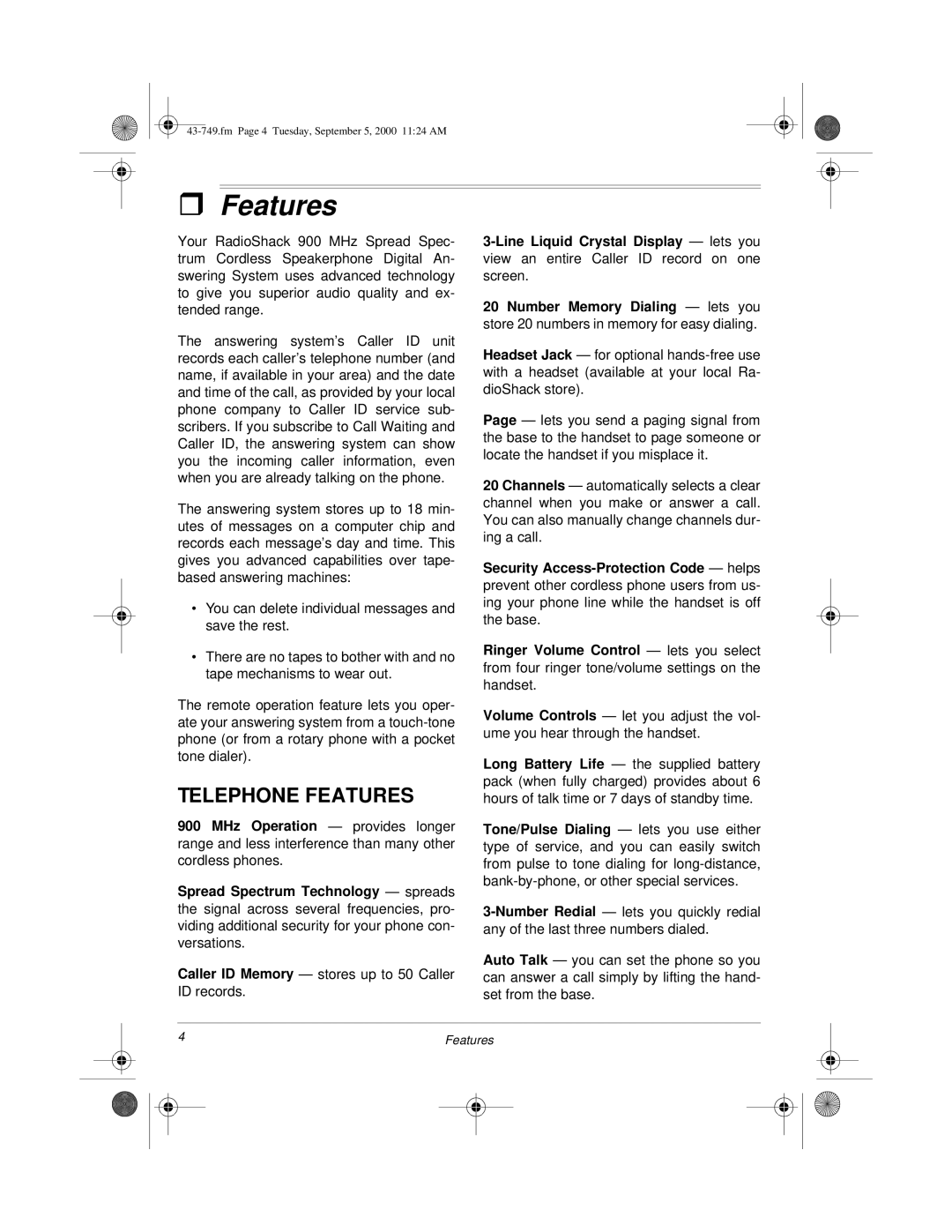 Radio Shack 900 MHz owner manual Telephone Features 