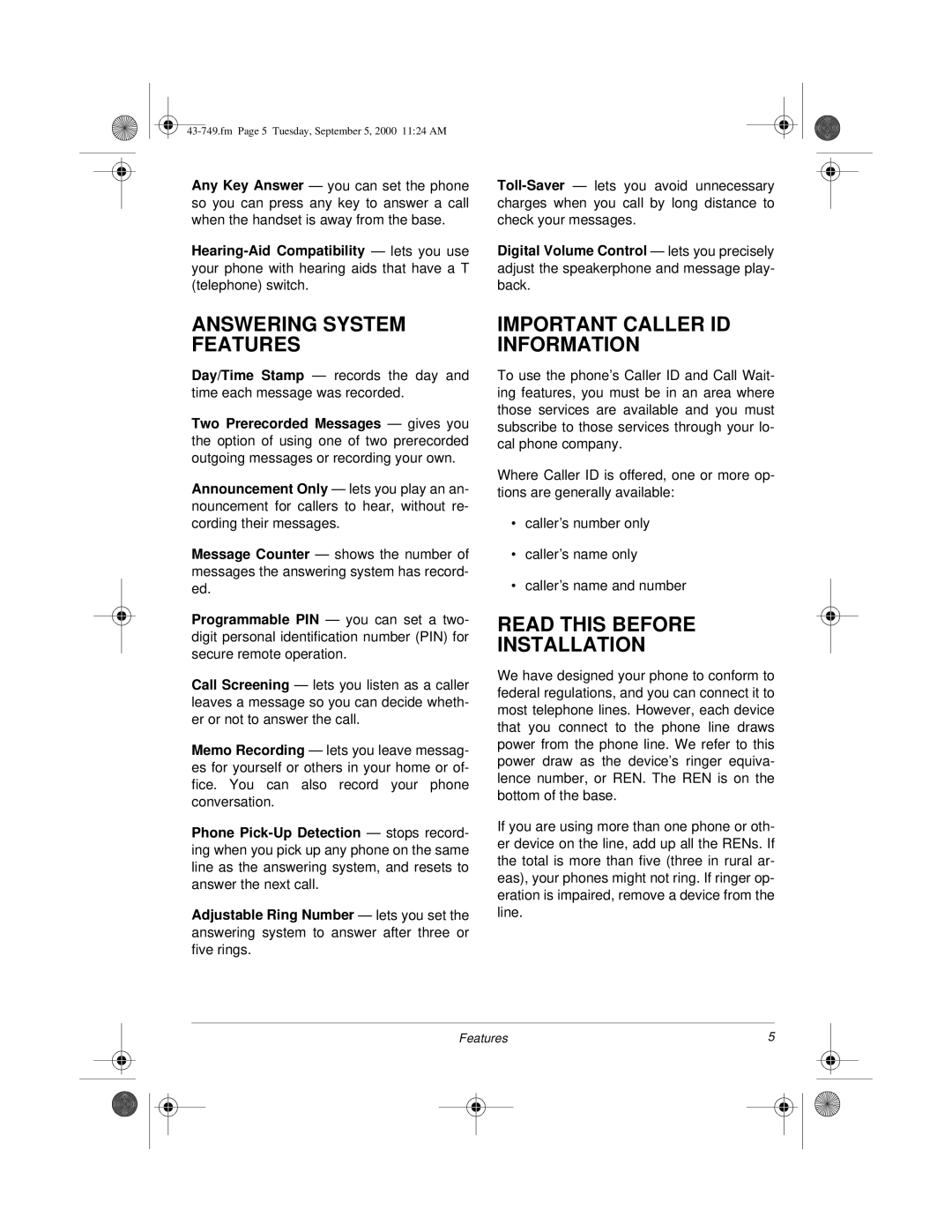 Radio Shack 900 MHz owner manual Answering System Features, Important Caller ID Information, Read this Before Installation 