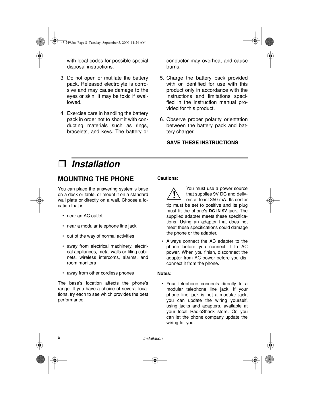 Radio Shack 900 MHz owner manual Installation, Mounting the Phone 