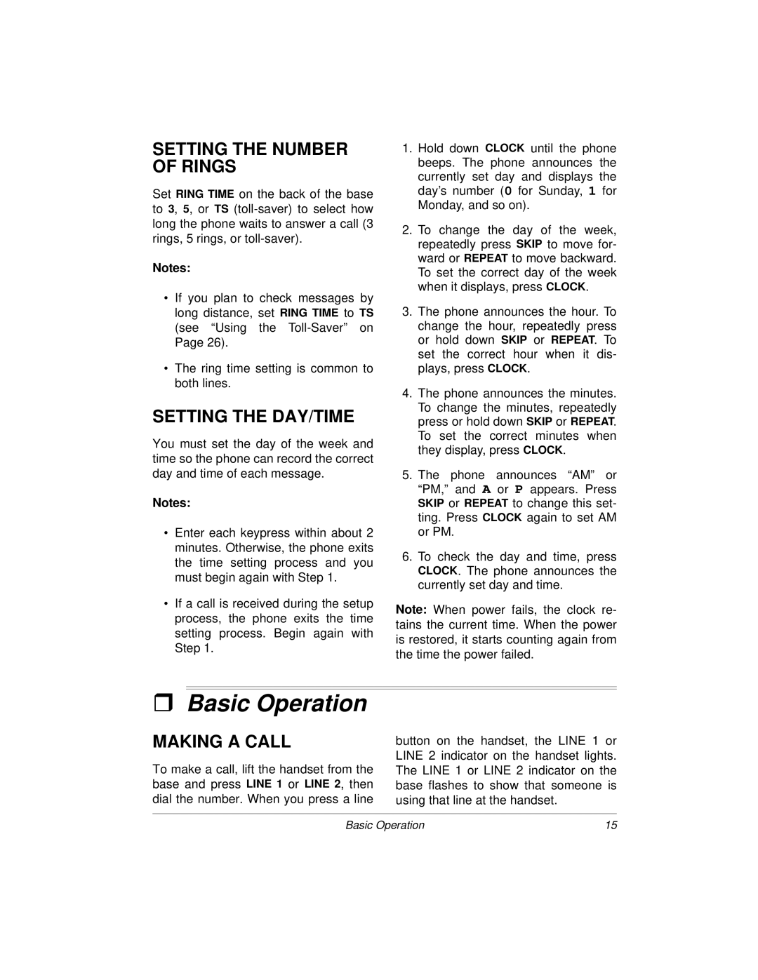 Radio Shack 900MHz owner manual Basic Operation, Setting the Number of Rings, Setting the DAY/TIME, Making a Call 