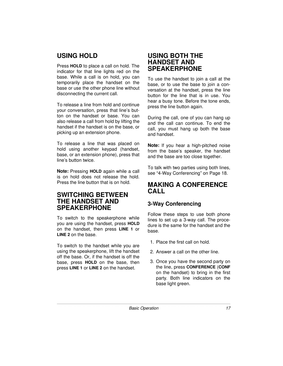 Radio Shack 900MHz owner manual Using Hold, Switching Between the Handset and Speakerphone, Using Both Handset Speakerphone 