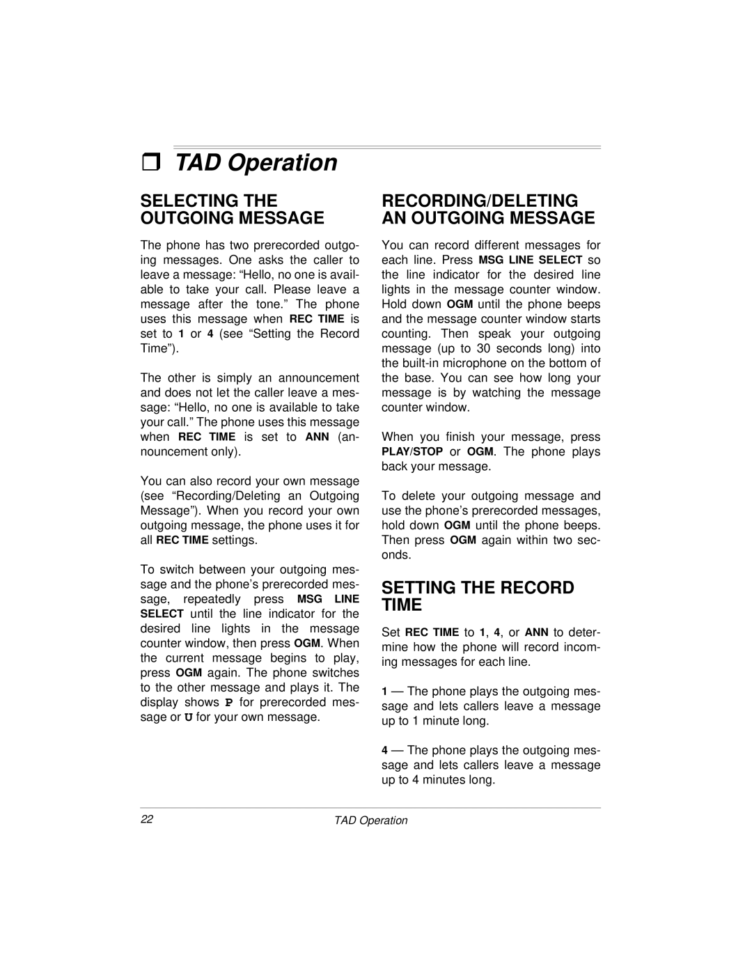 Radio Shack 900MHz owner manual TAD Operation, RECORDING/DELETING AN Outgoing Message, Setting the Record Time 