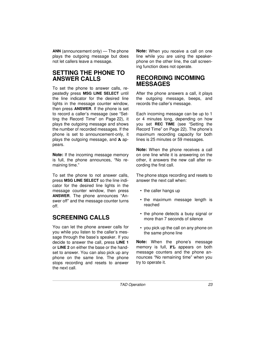 Radio Shack 900MHz owner manual Setting the Phone to Answer Calls, Screening Calls, Recording Incoming Messages 