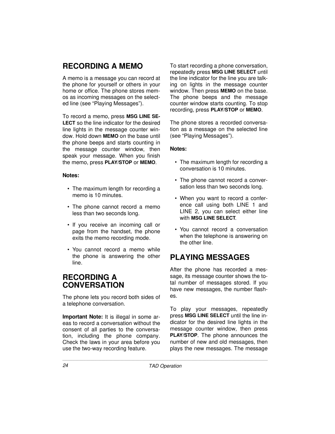 Radio Shack 900MHz owner manual Recording a Memo, Recording a Conversation, Playing Messages 