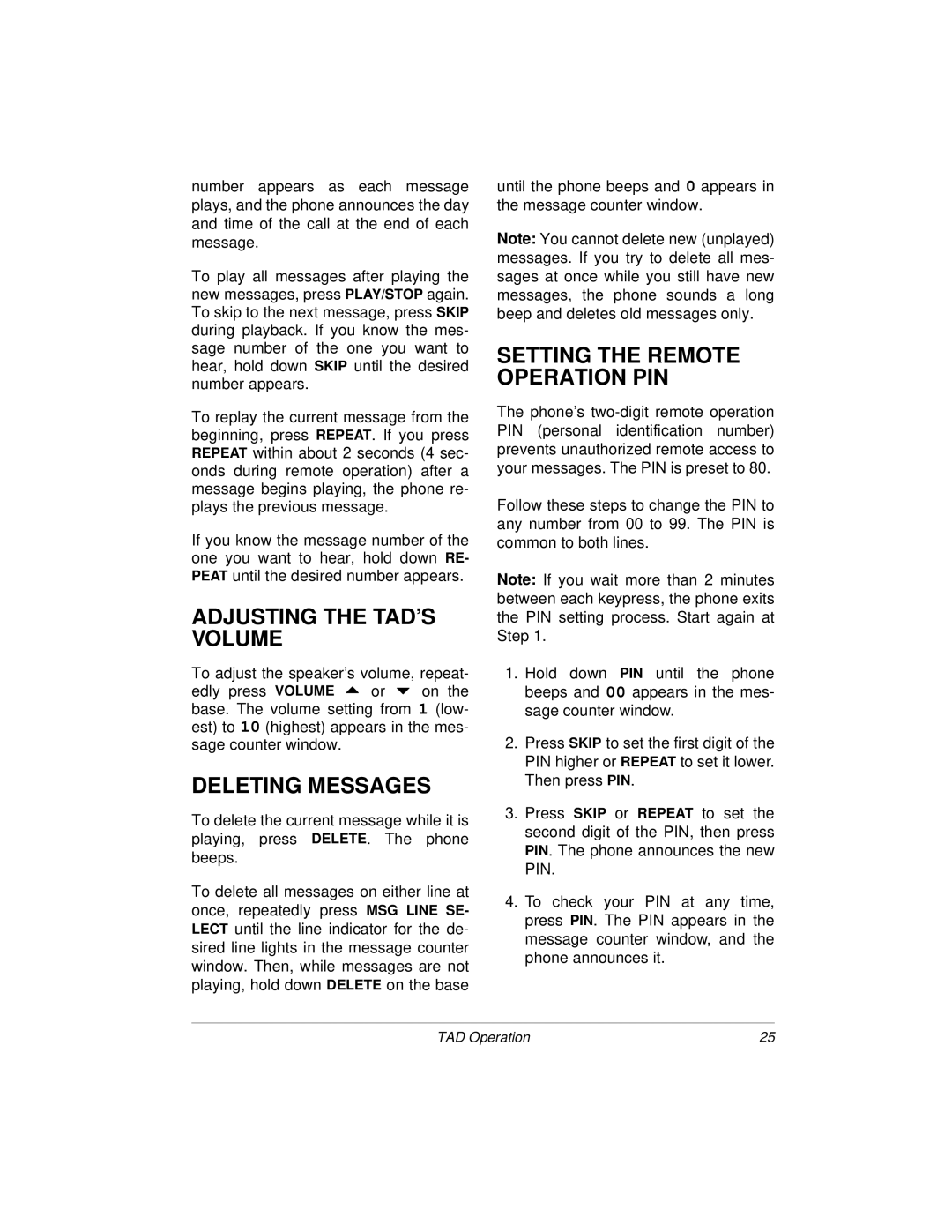 Radio Shack 900MHz owner manual Adjusting the TAD’S Volume, Deleting Messages 