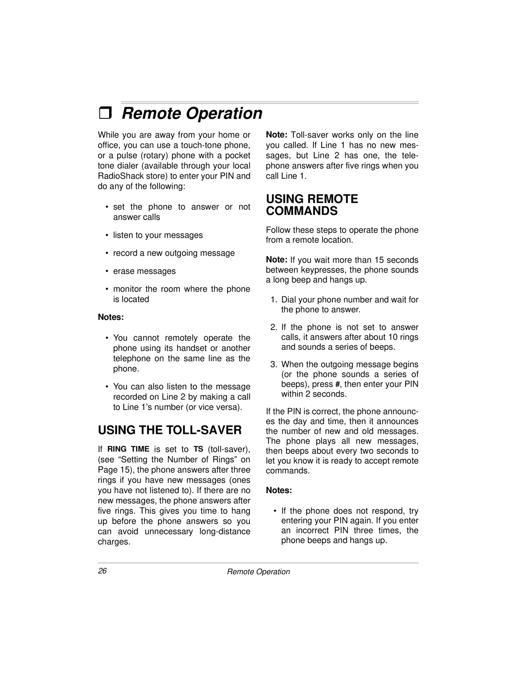 Radio Shack 900MHz owner manual Remote Operation, Using the TOLL-SAVER, Using Remote Commands 