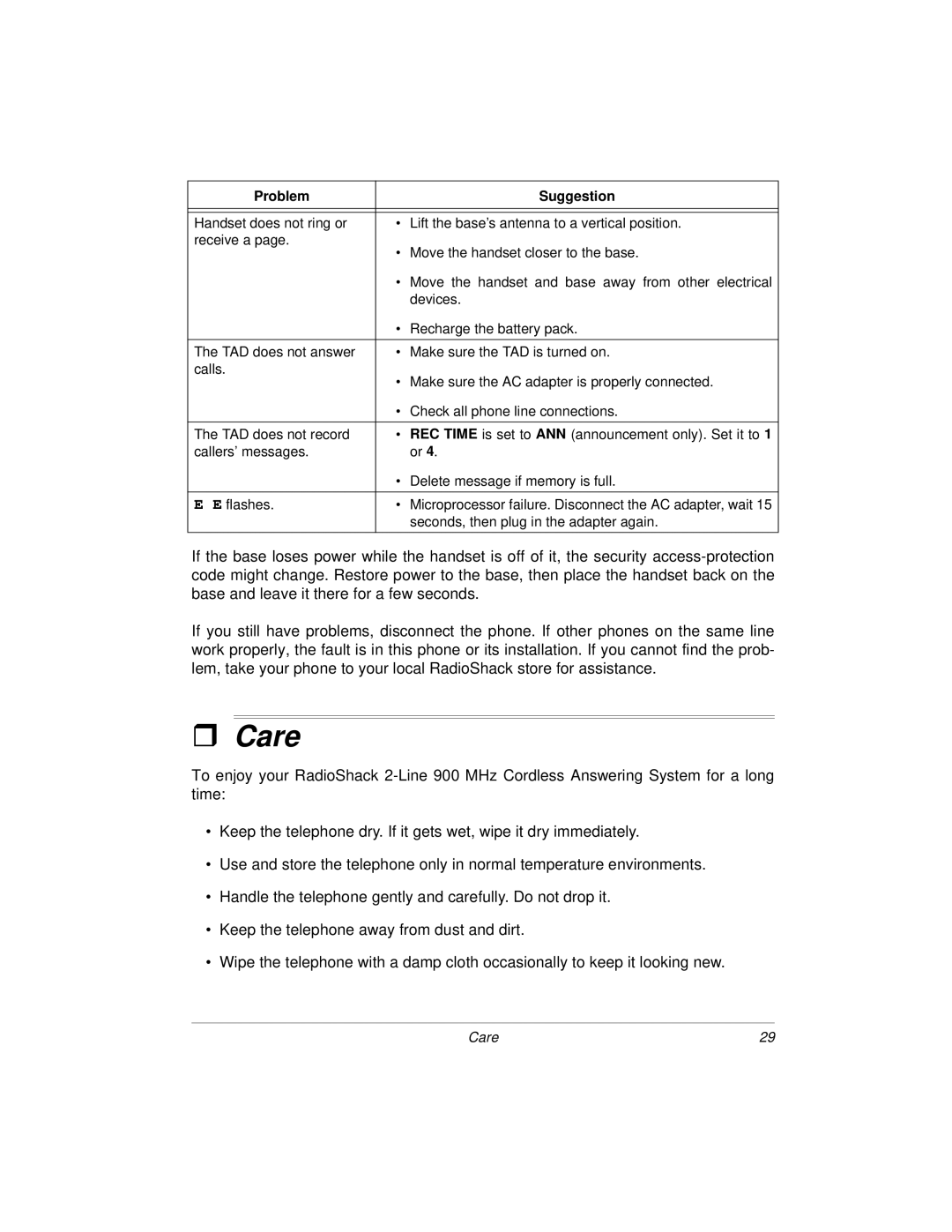 Radio Shack 900MHz owner manual Care 