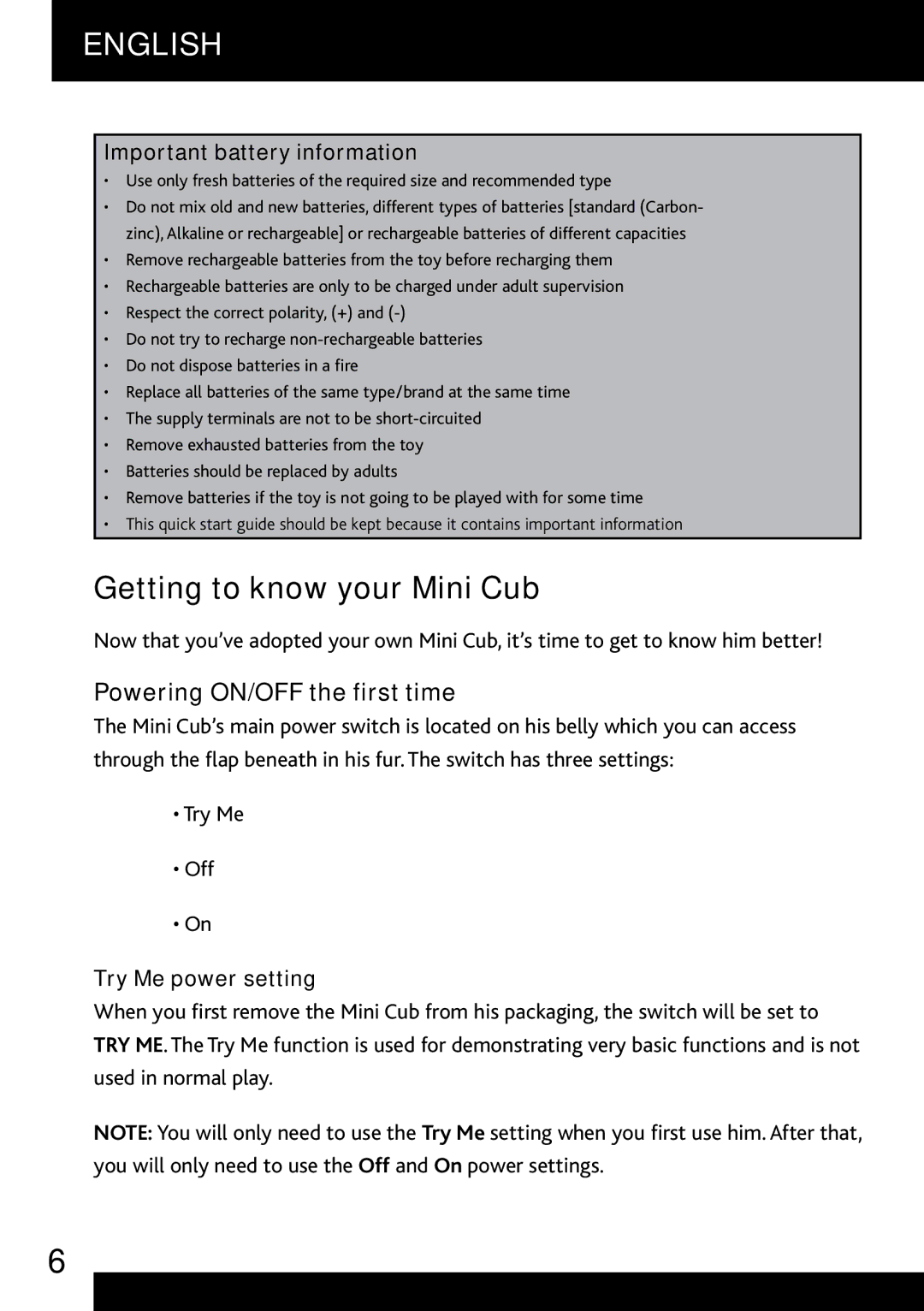 Radio Shack 9109, 9114, 9108 Getting to know your Mini Cub, Powering ON/OFF the first time, Important battery information 