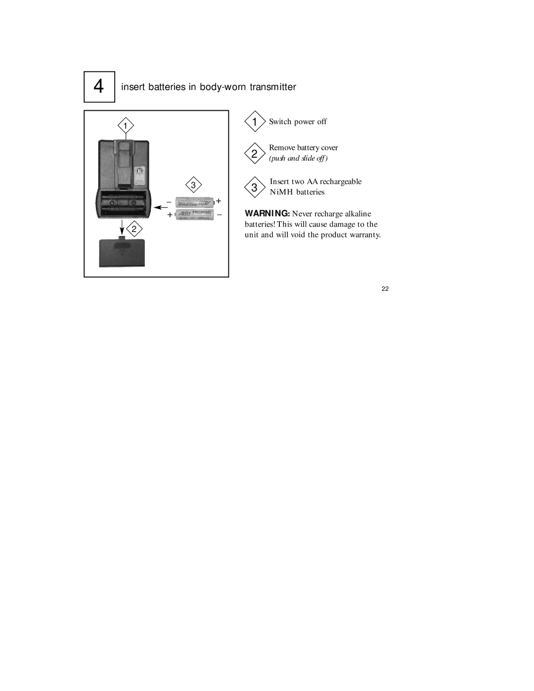 Radio Shack 920SR manual Insert batteries in body-worn transmitter 