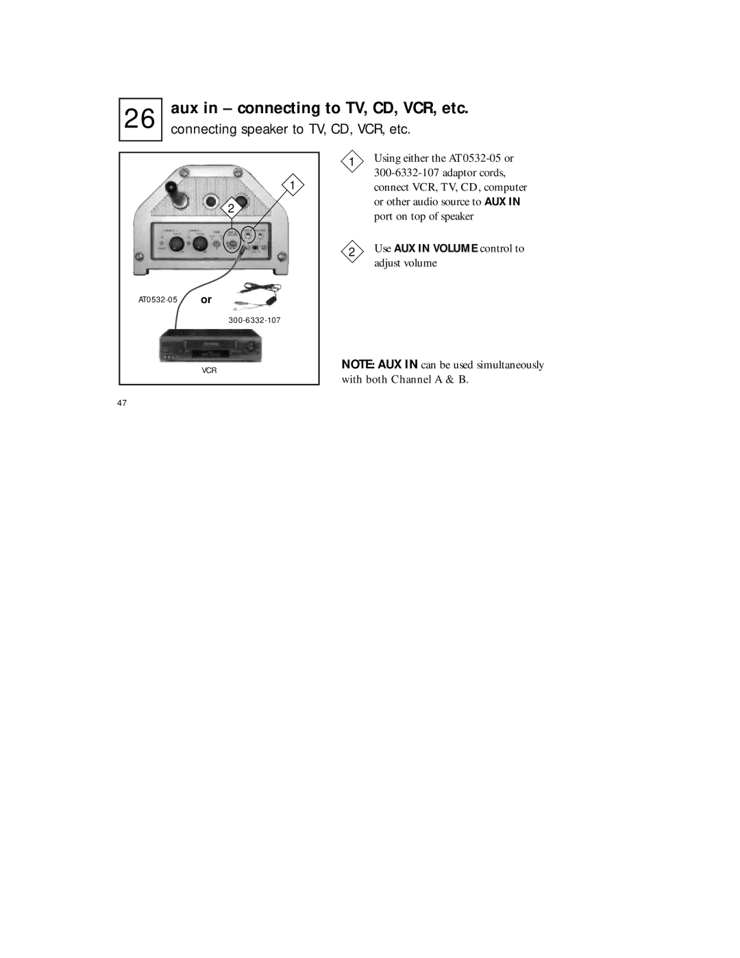 Radio Shack 920SR manual Connecting speaker to TV, CD, VCR, etc, Use AUX in Volume control to adjust volume 