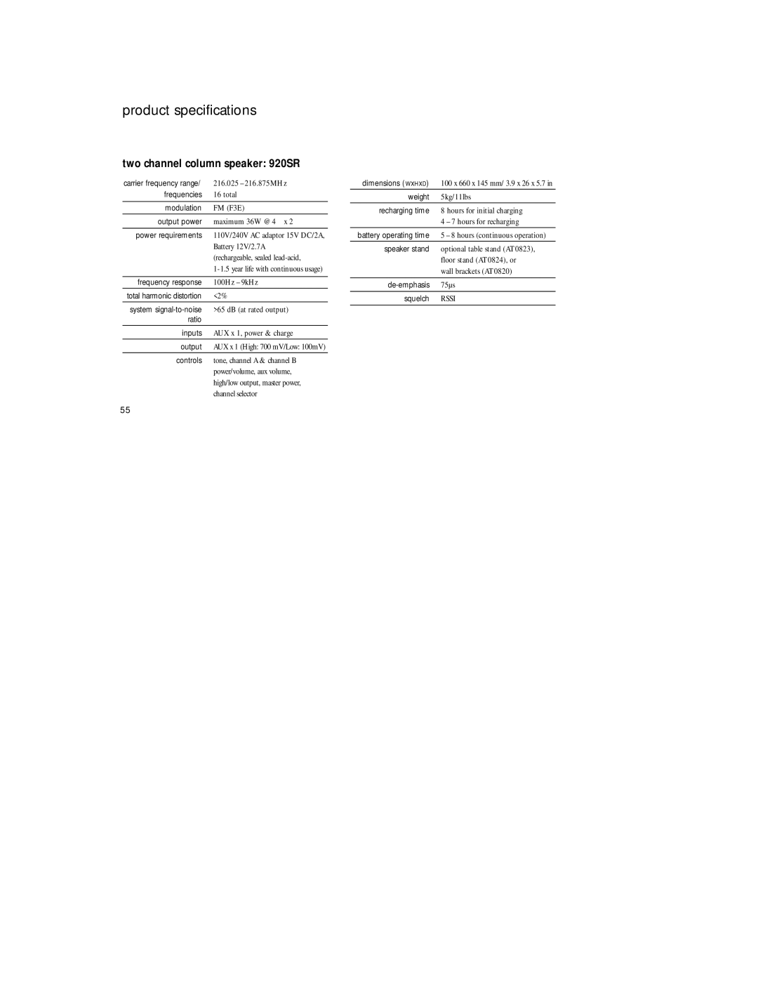 Radio Shack manual Product specifications, Two channel column speaker 920SR 