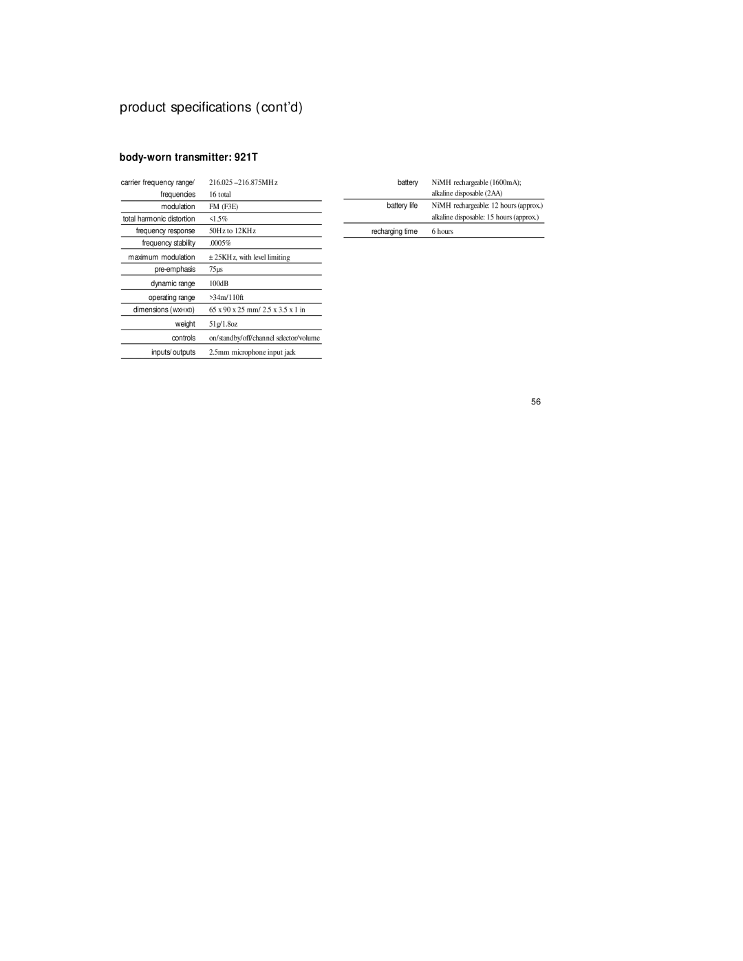 Radio Shack 920SR manual Product specifications cont’d, Body-worn transmitter 921T 