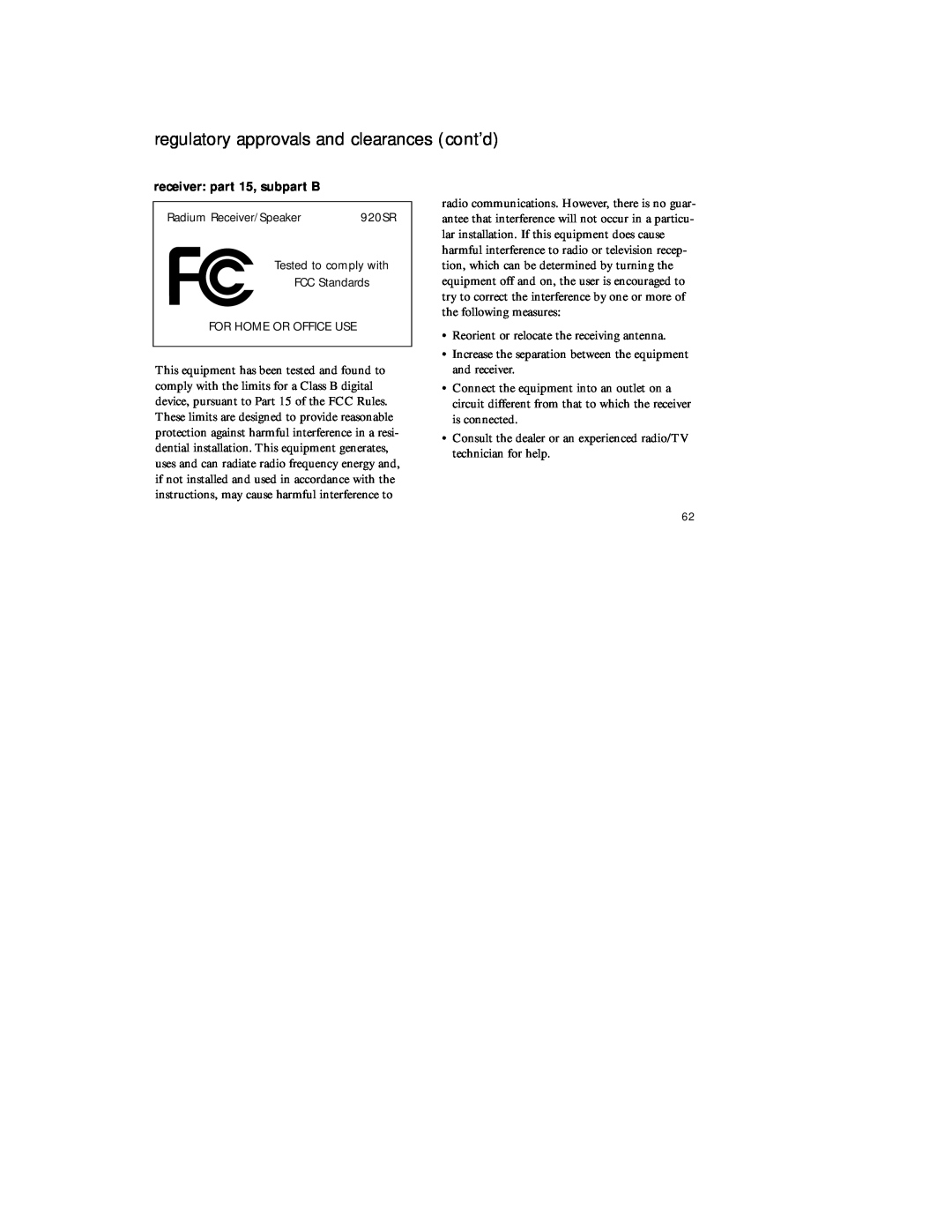 Radio Shack 920SR manual regulatory approvals and clearances cont’d, receiver part 15, subpart B 