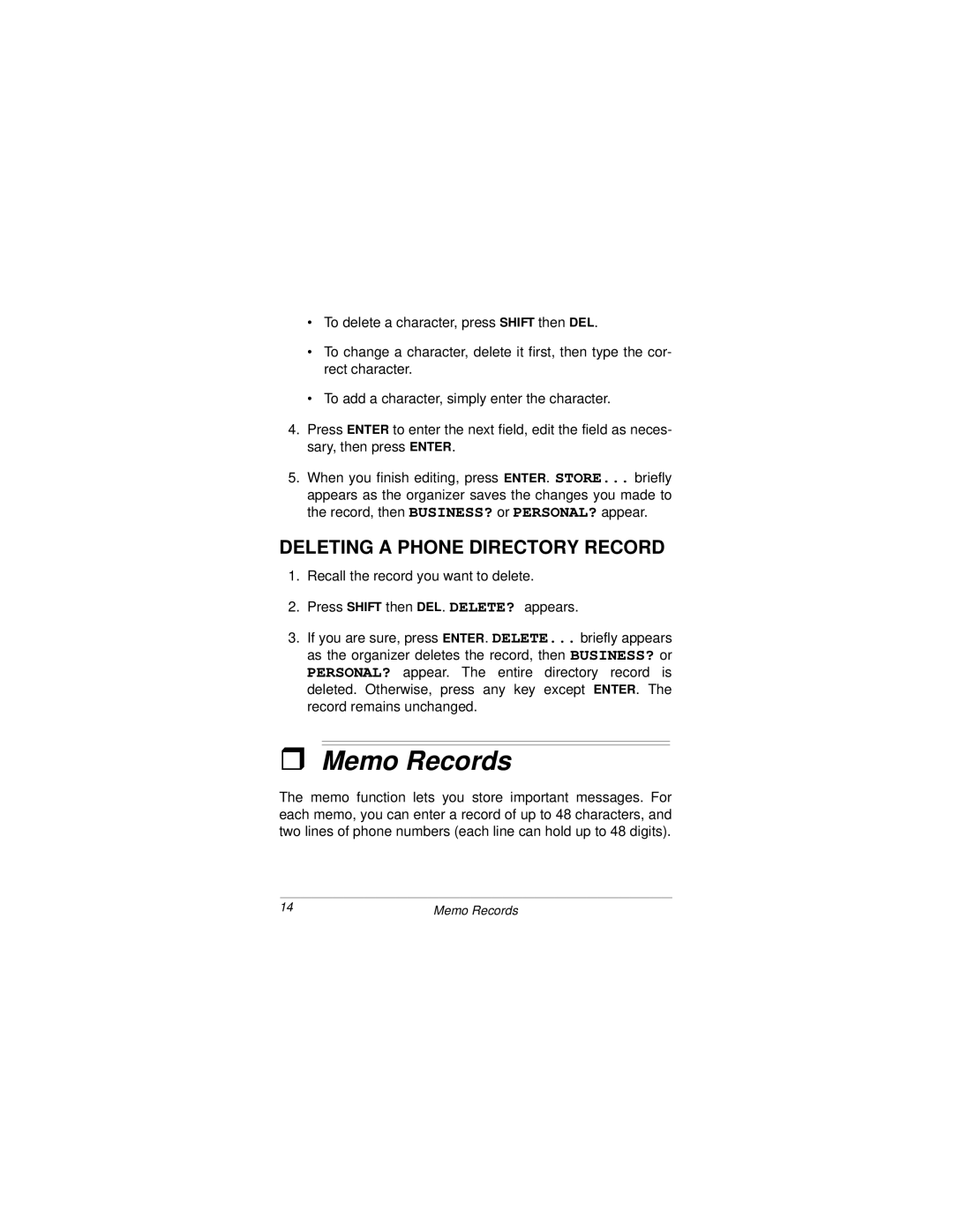 Radio Shack 96K owner manual Memo Records, Deleting a Phone Directory Record 