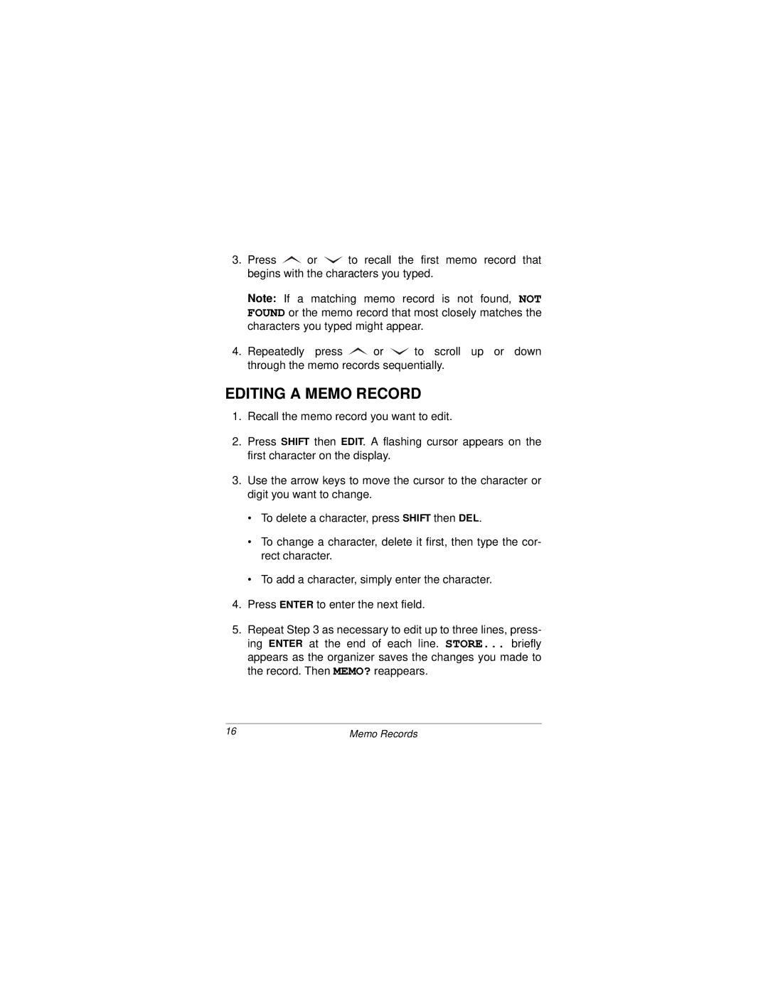 Radio Shack 96K owner manual Editing a Memo Record 