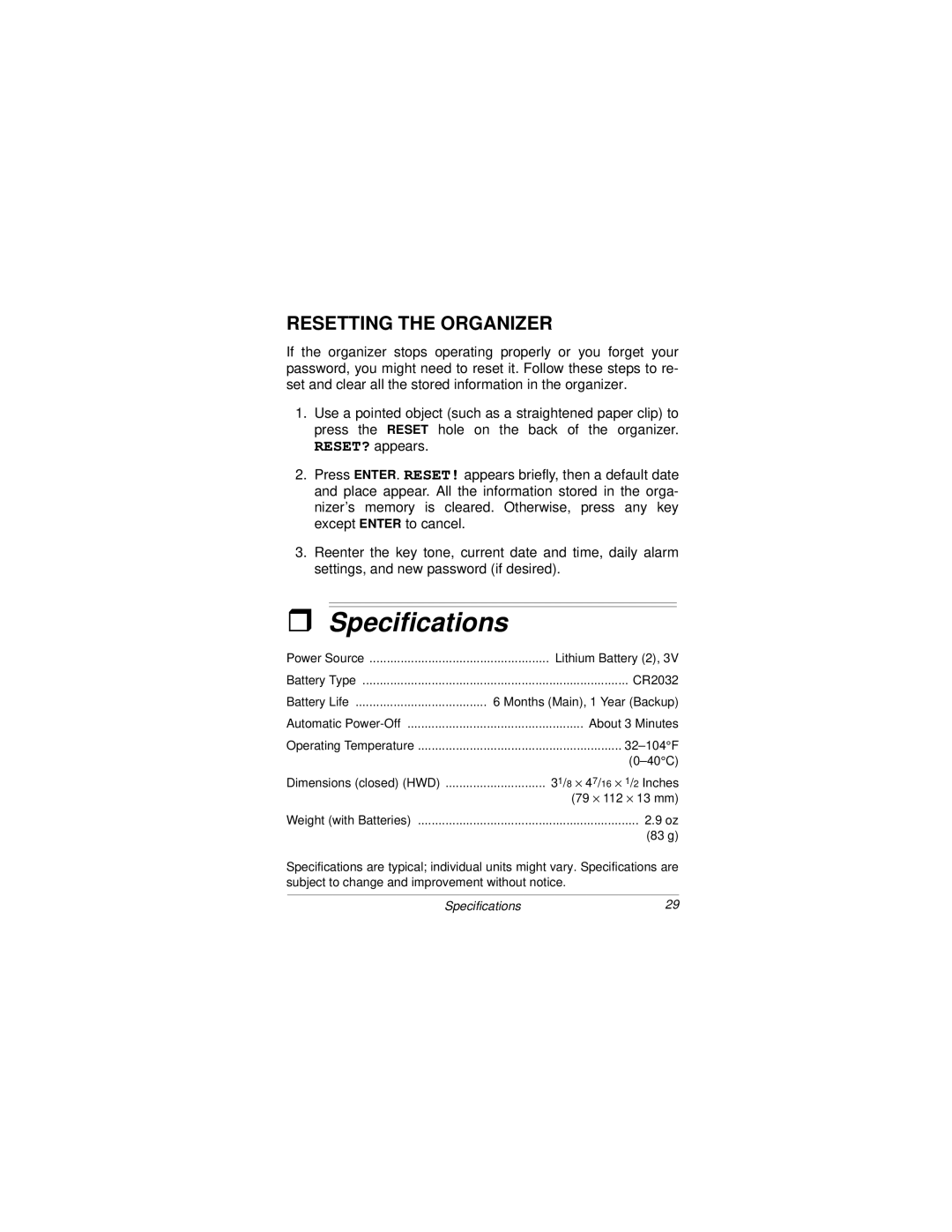 Radio Shack 96K owner manual Specifications, Resetting the Organizer 