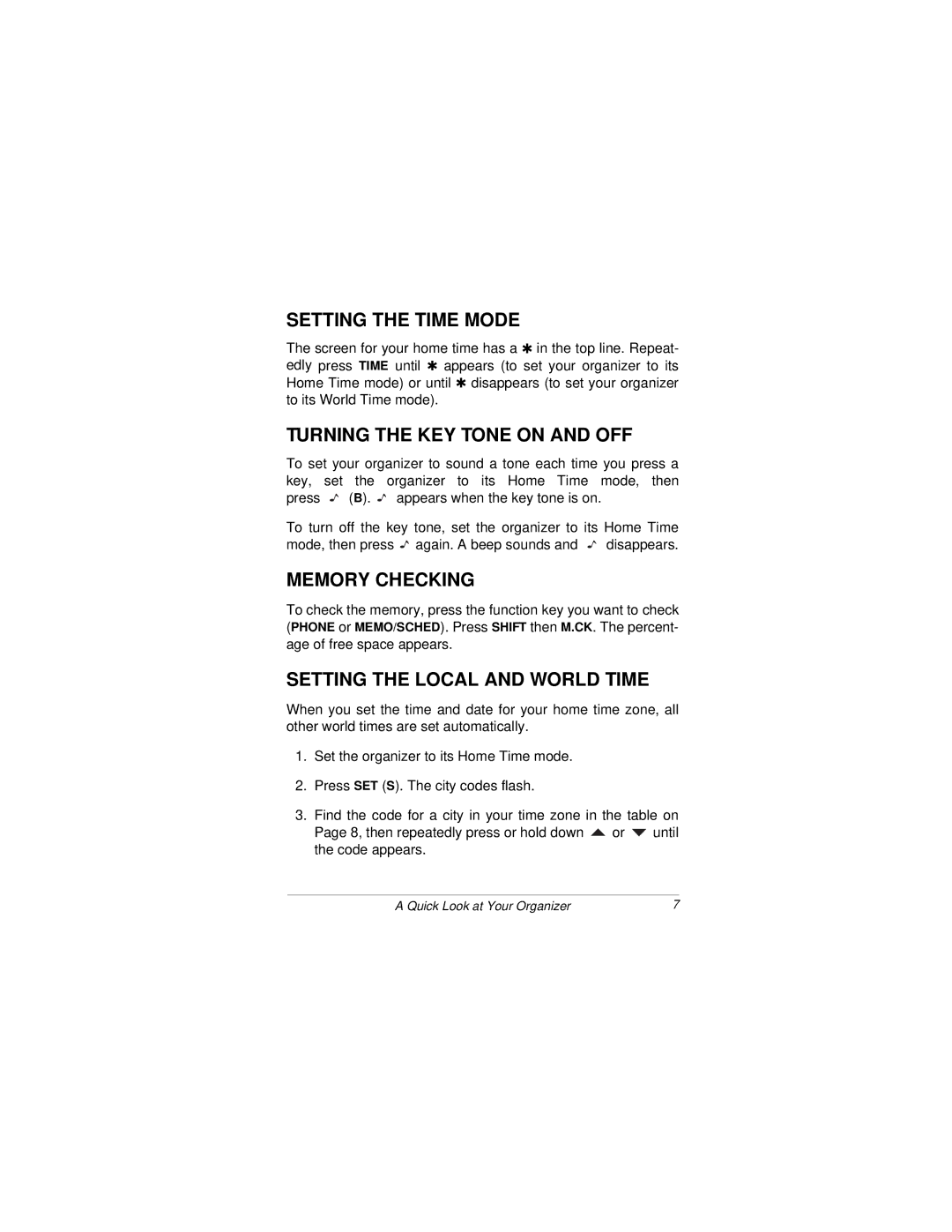 Radio Shack 96K Setting the Time Mode, Turning the KEY Tone on and OFF, Memory Checking, Setting the Local and World Time 