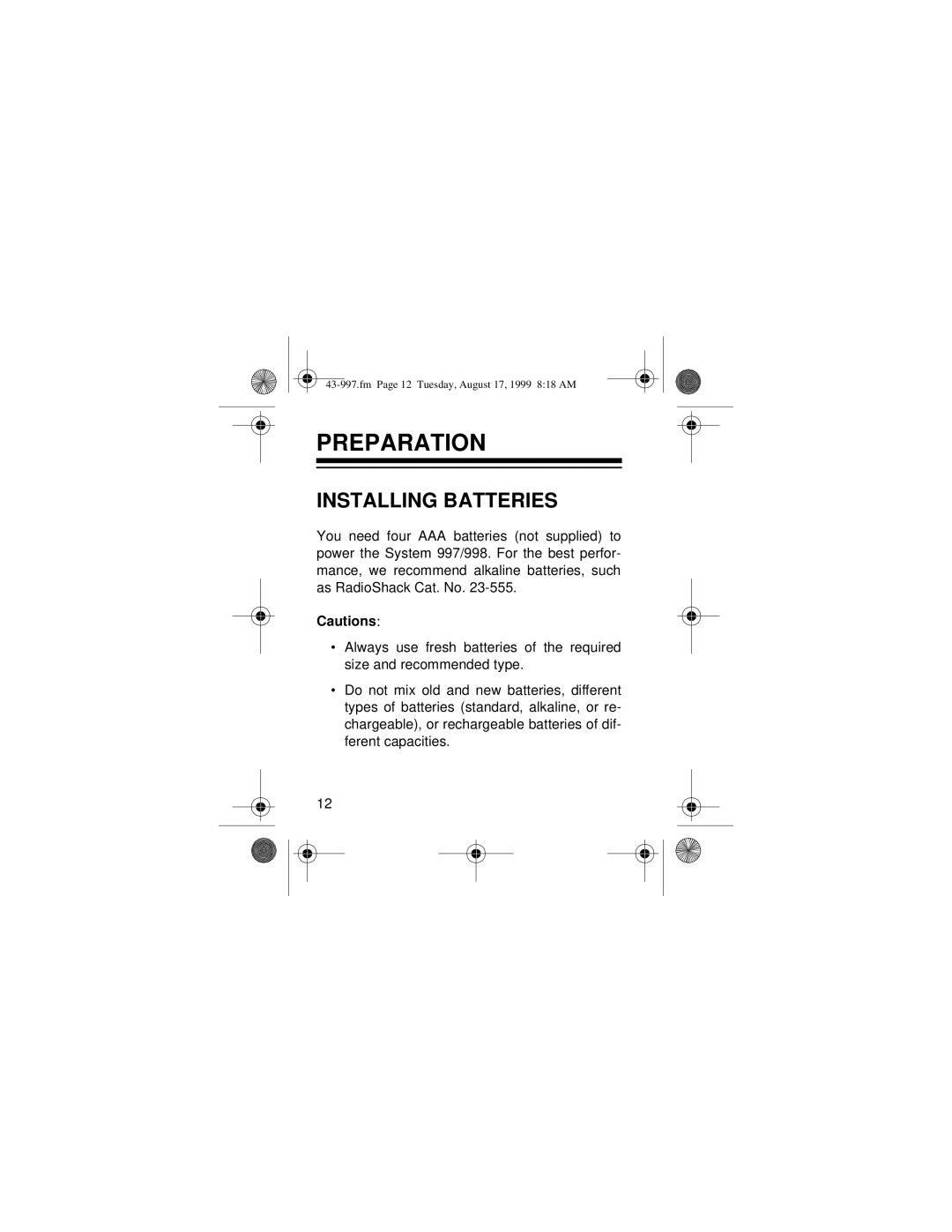 Radio Shack 997 owner manual Preparation, Installing Batteries 