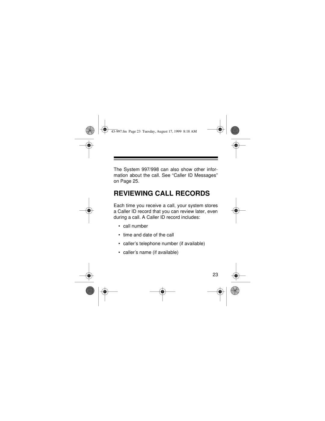 Radio Shack 997 owner manual Reviewing Call Records 