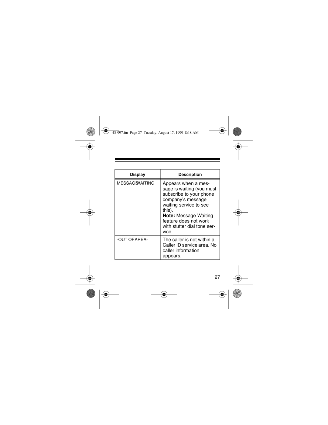 Radio Shack 997 owner manual Appears when a mes 