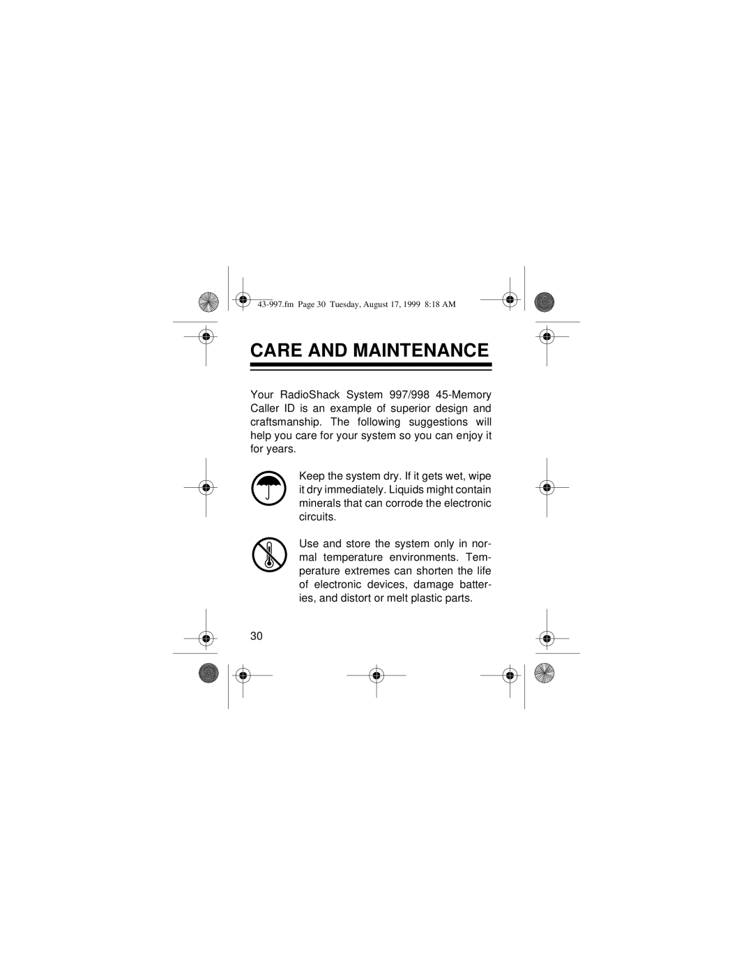 Radio Shack 997 owner manual Care and Maintenance 