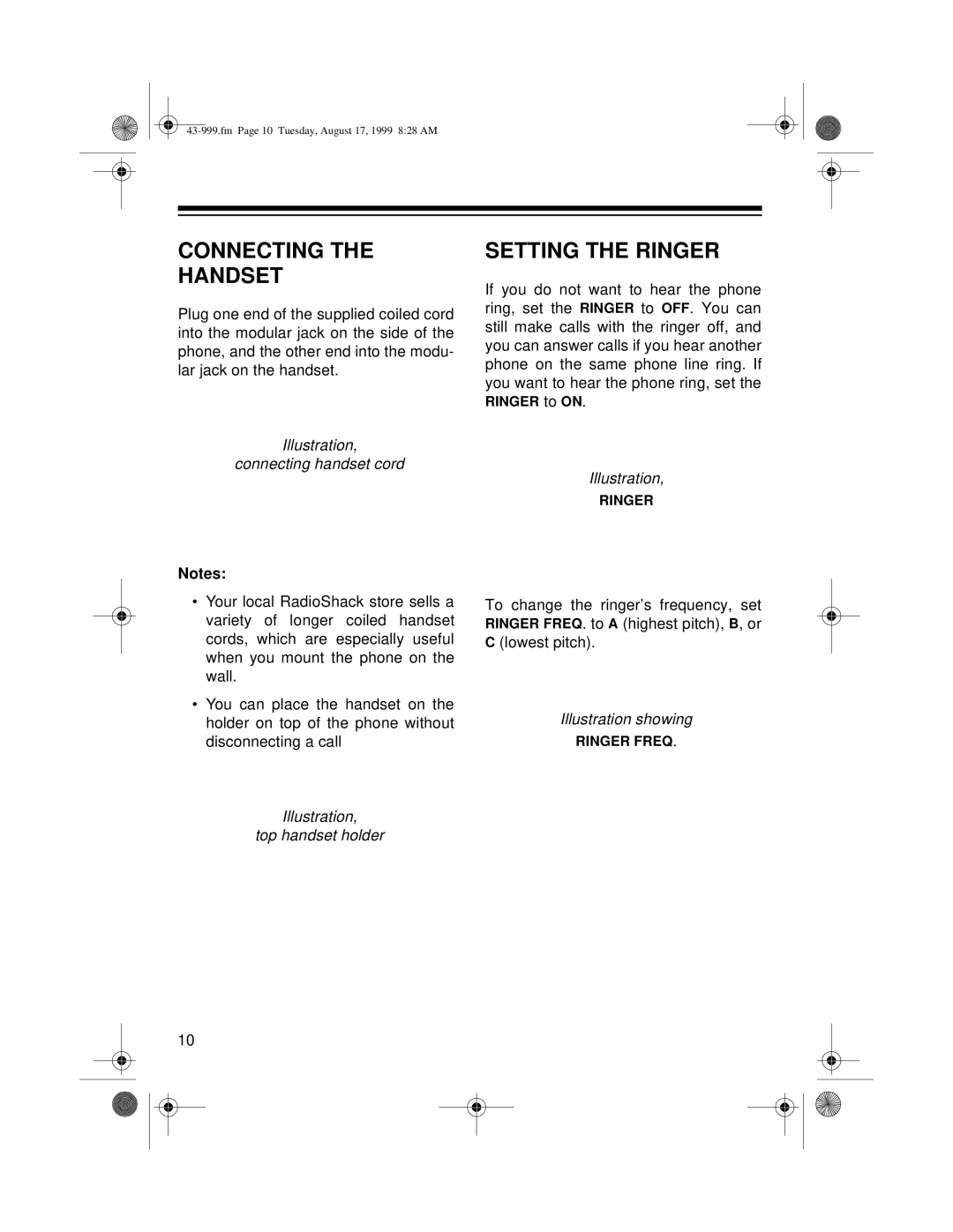 Radio Shack 999 owner manual Connecting Handset, Setting the Ringer 