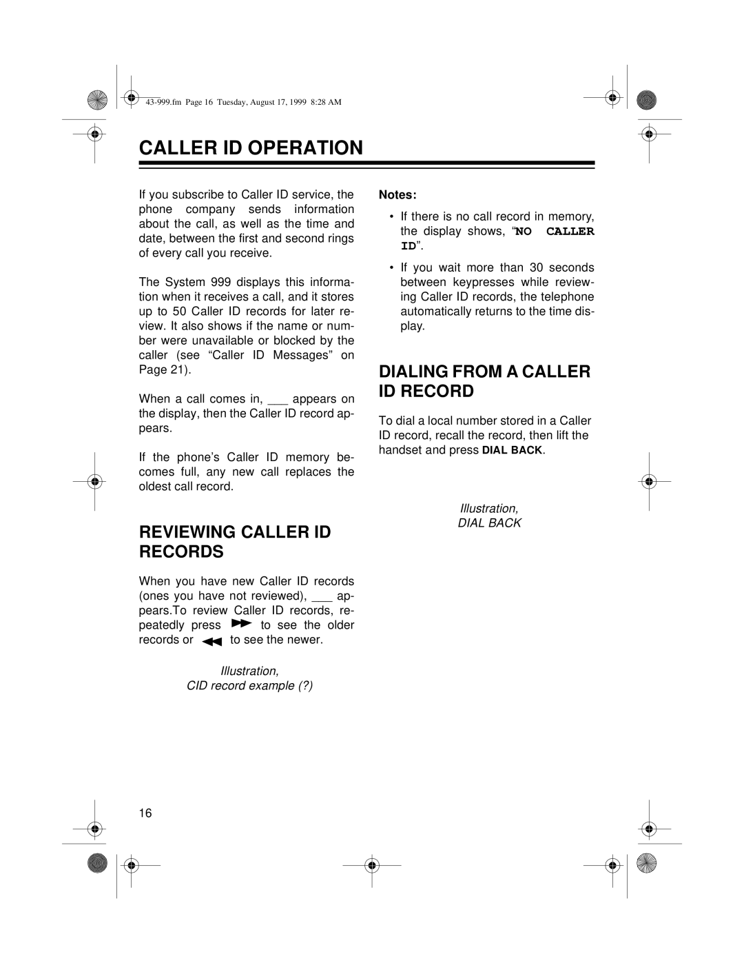 Radio Shack 999 owner manual Caller ID Operation, Reviewing Caller ID Records, Dialing from a Caller ID Record 