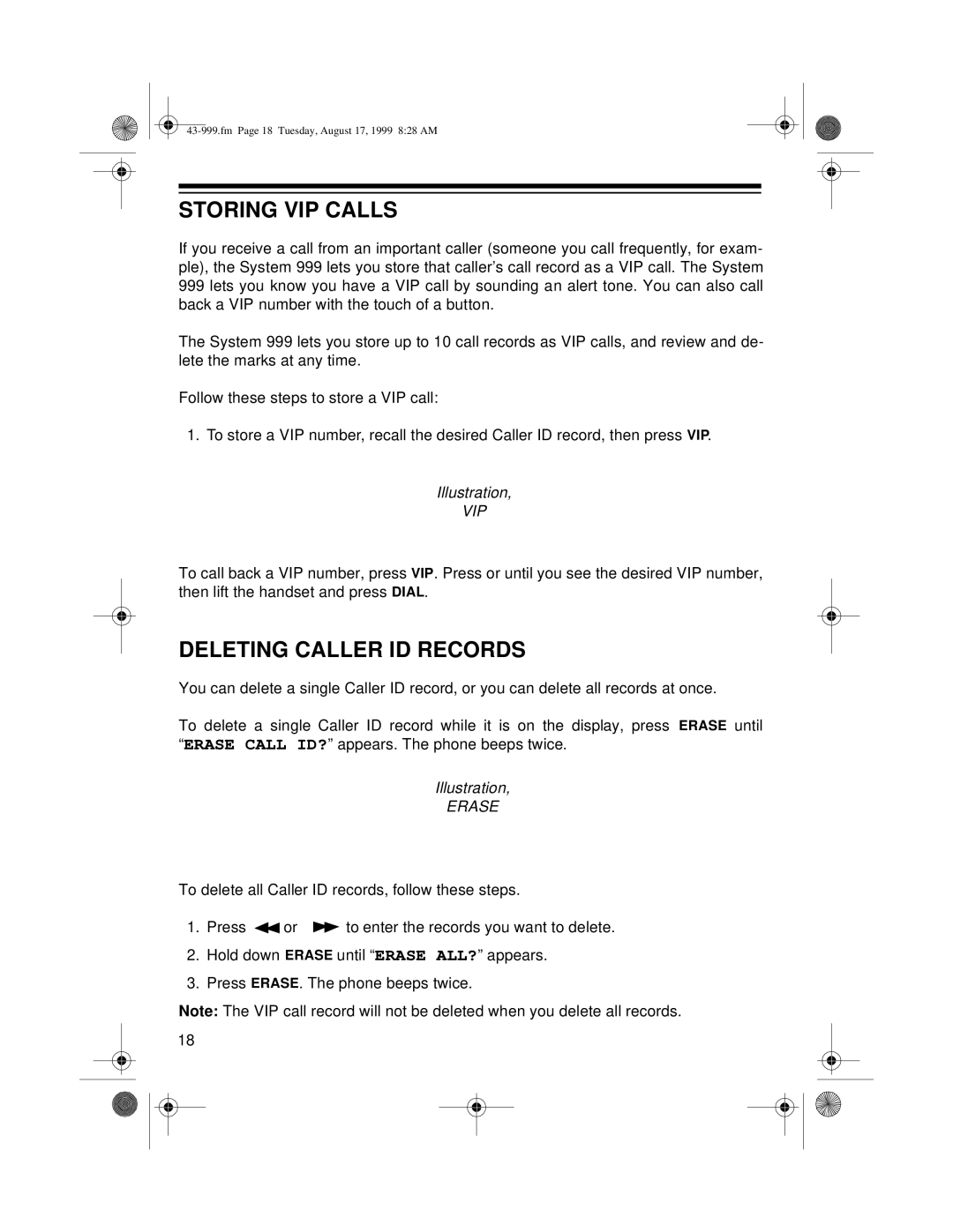 Radio Shack 999 owner manual Storing VIP Calls, Deleting Caller ID Records 