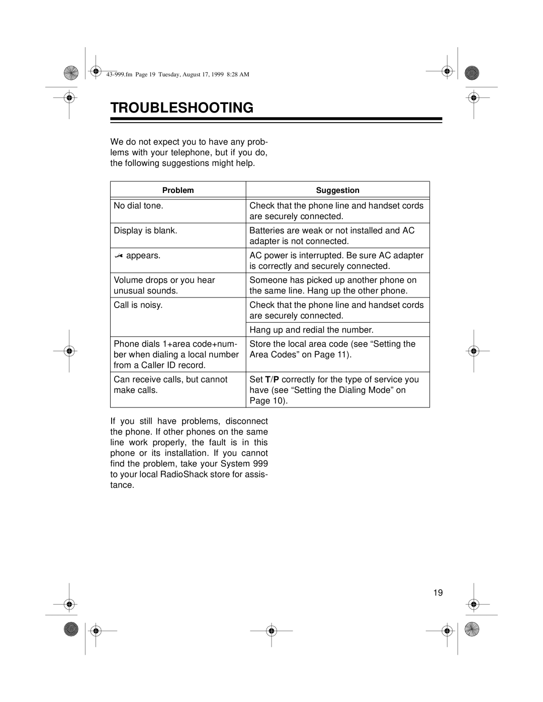 Radio Shack 999 owner manual Troubleshooting 