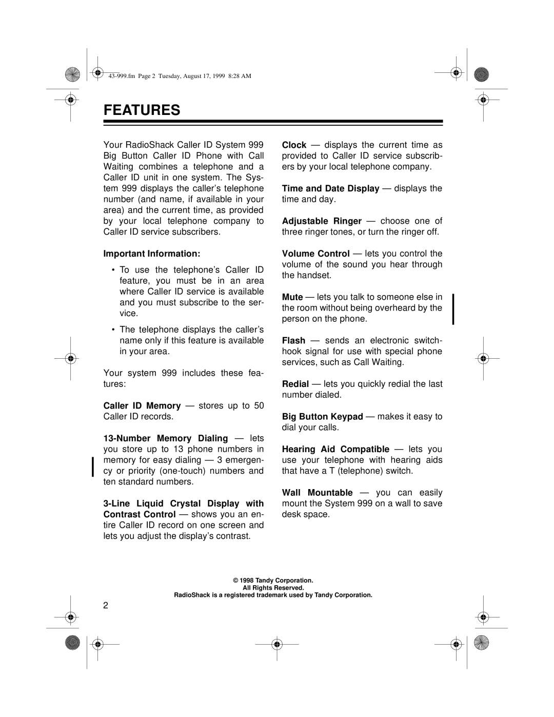 Radio Shack 999 owner manual Features, Important Information 