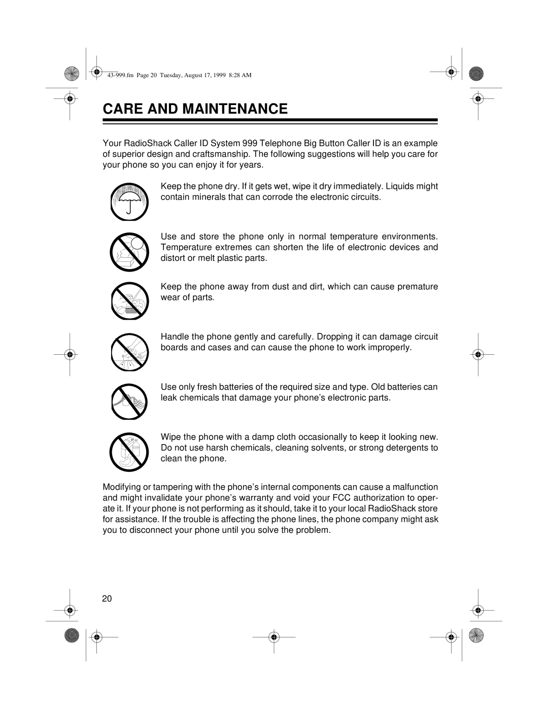 Radio Shack 999 owner manual Care and Maintenance 