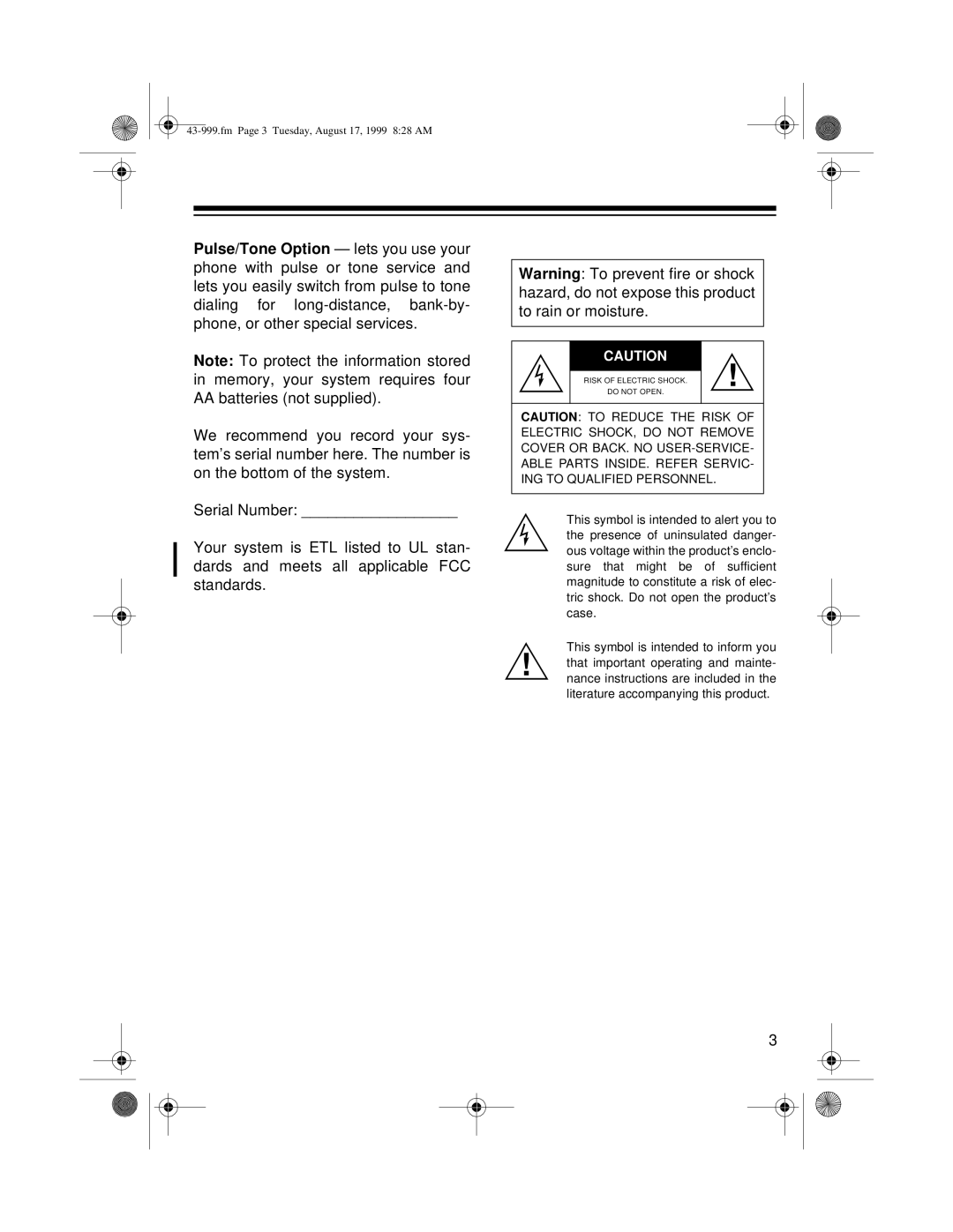 Radio Shack owner manual Fm Page 3 Tuesday, August 17, 1999 828 AM 