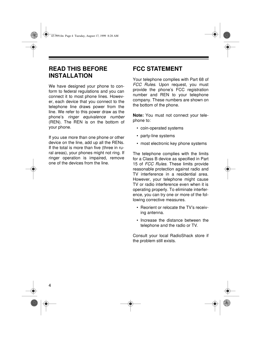 Radio Shack 999 owner manual Read this Before Installation, FCC Statement 