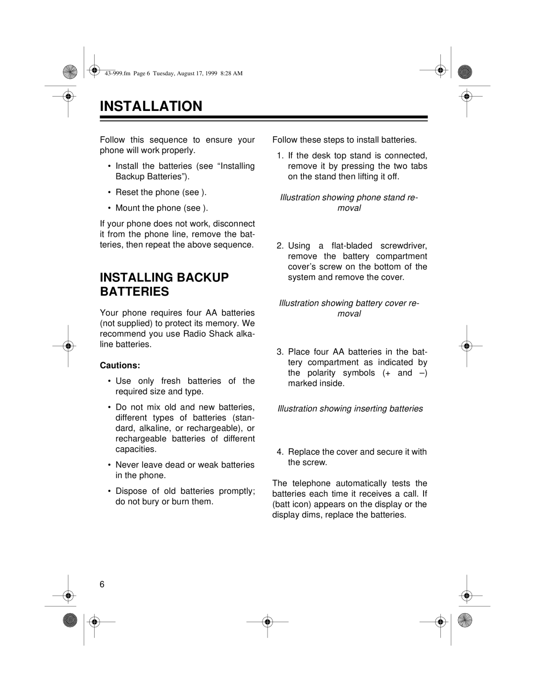 Radio Shack 999 owner manual Installation, Installing Backup Batteries, Illustration showing phone stand re Moval 