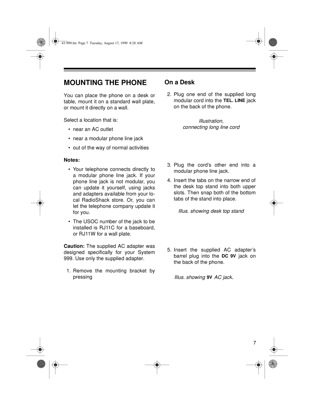 Radio Shack 999 Mounting the Phone, On a Desk, Illustration Connecting long line cord, Illus. showing desk top stand 