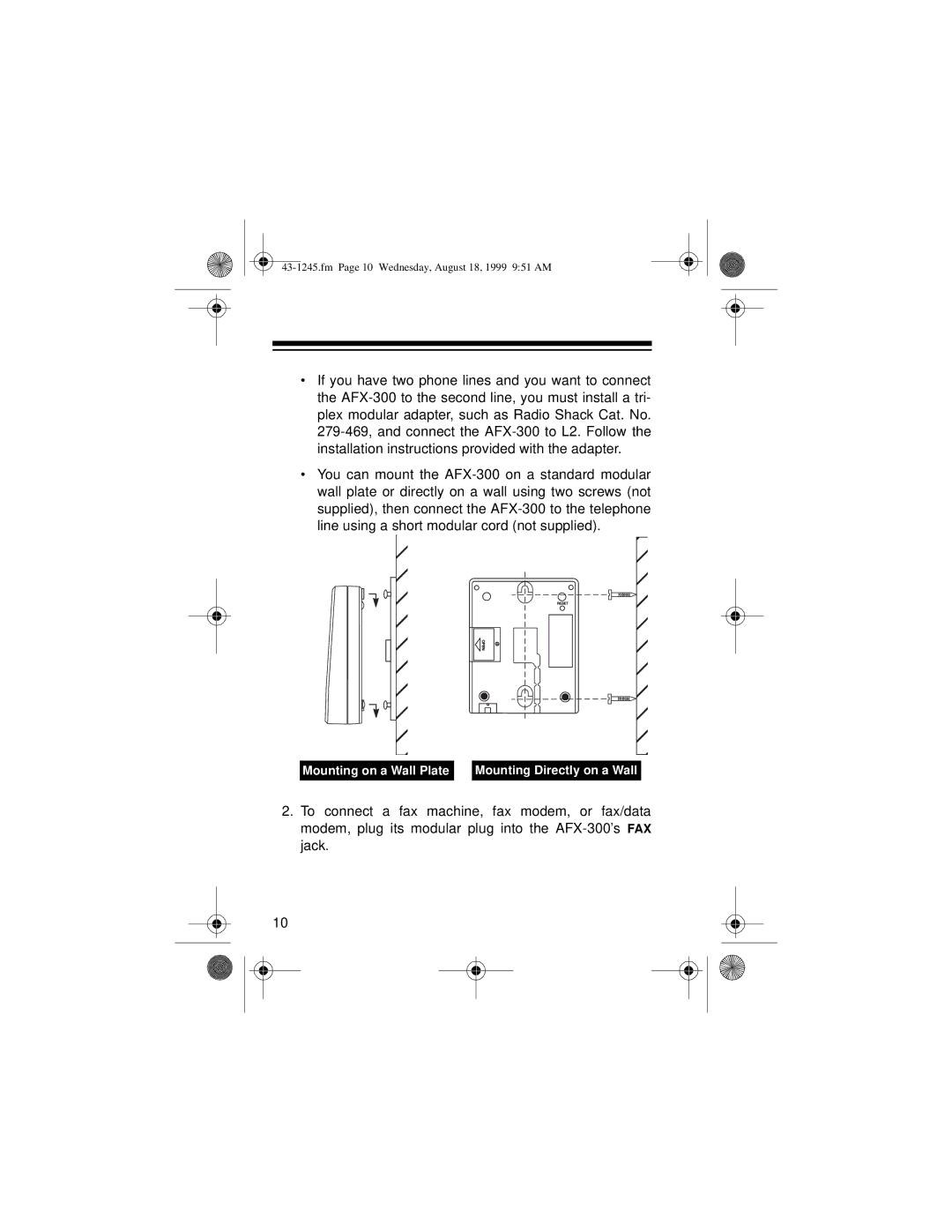 Radio Shack AFX-300 owner manual Mounting on a Wall Plate Mounting Directly on a Wall 