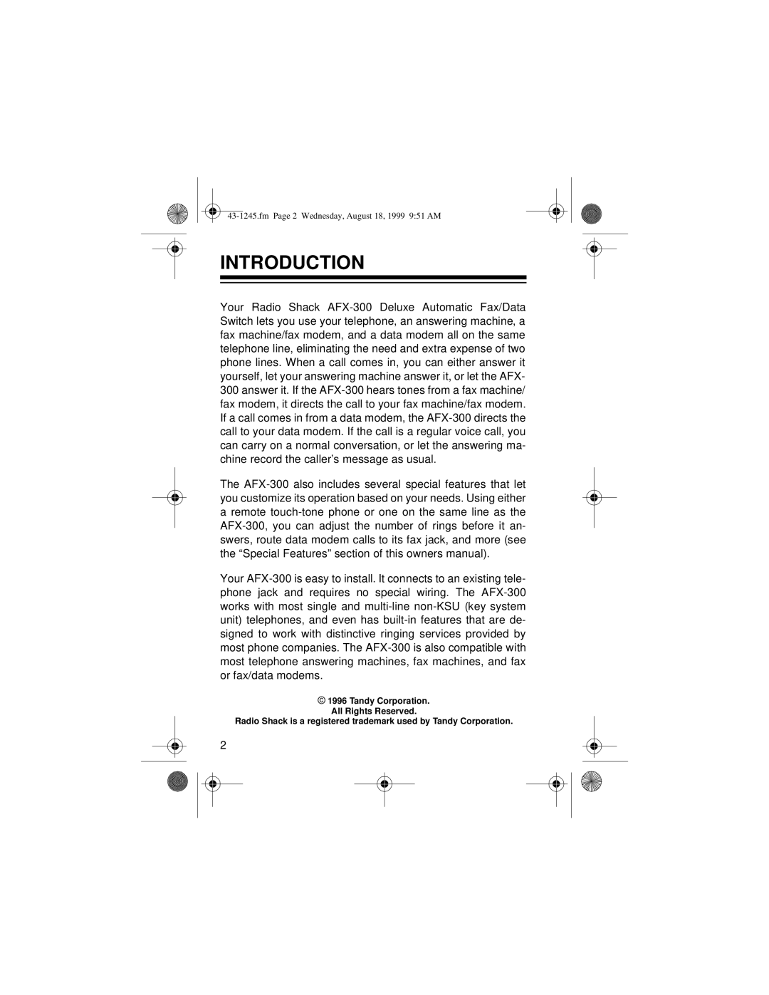 Radio Shack AFX-300 owner manual Introduction 