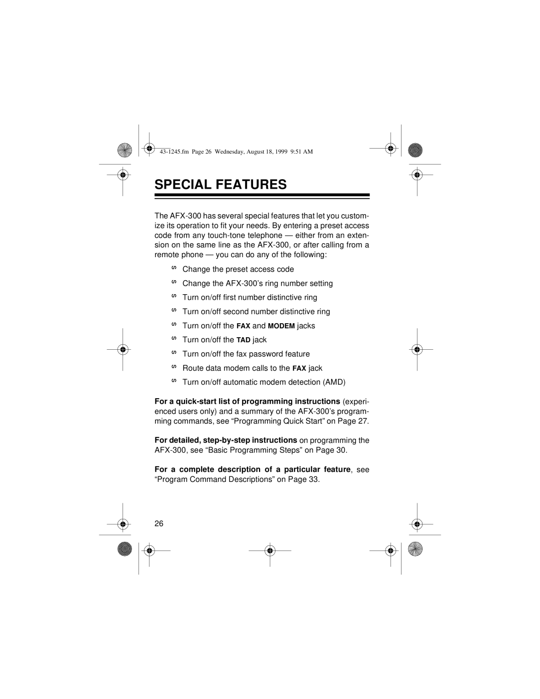 Radio Shack AFX-300 owner manual Special Features 