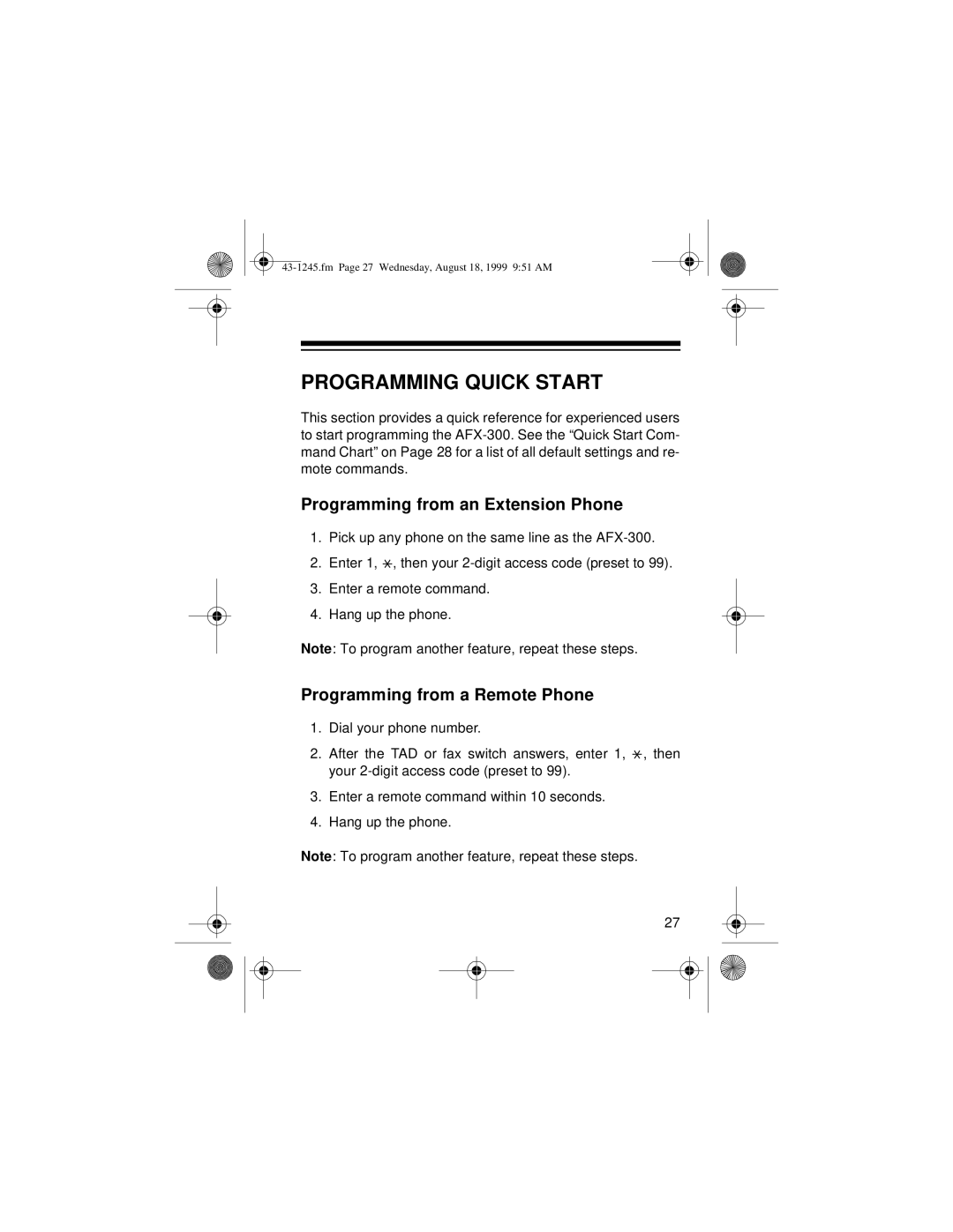 Radio Shack AFX-300 Programming Quick Start, Programming from an Extension Phone, Programming from a Remote Phone 