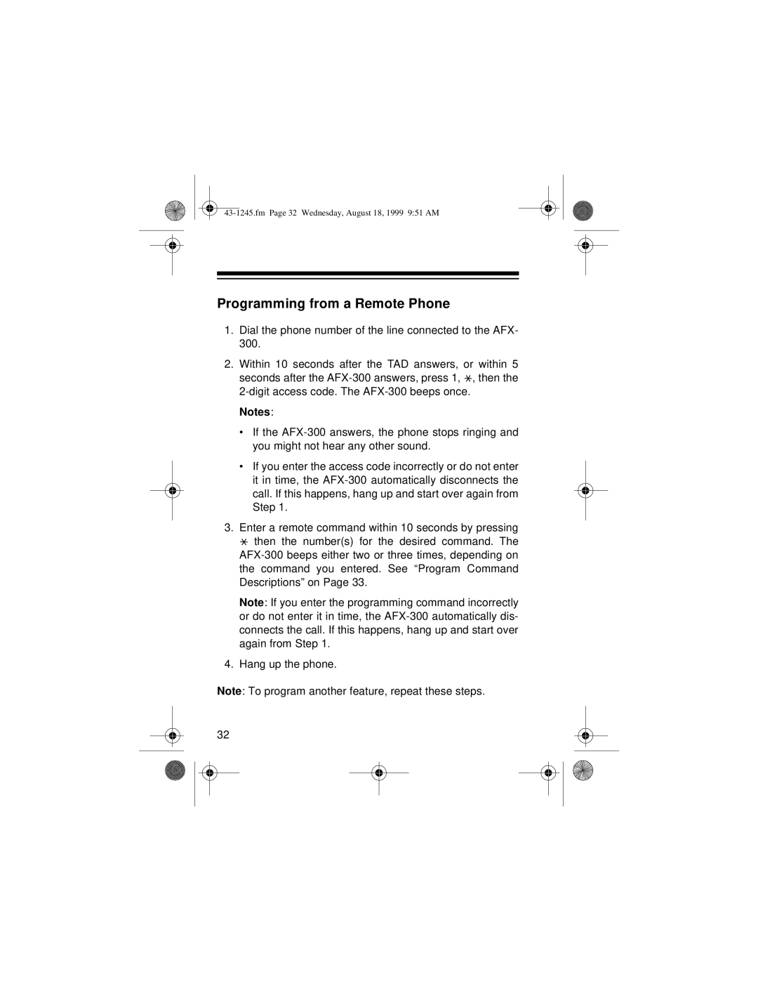 Radio Shack AFX-300 owner manual Fm Page 32 Wednesday, August 18, 1999 951 AM 