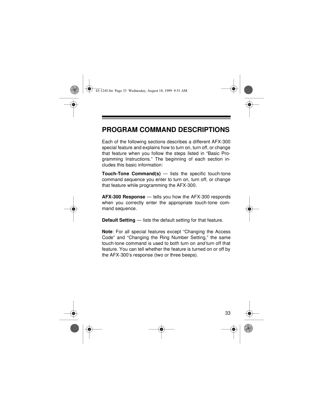 Radio Shack AFX-300 owner manual Program Command Descriptions 