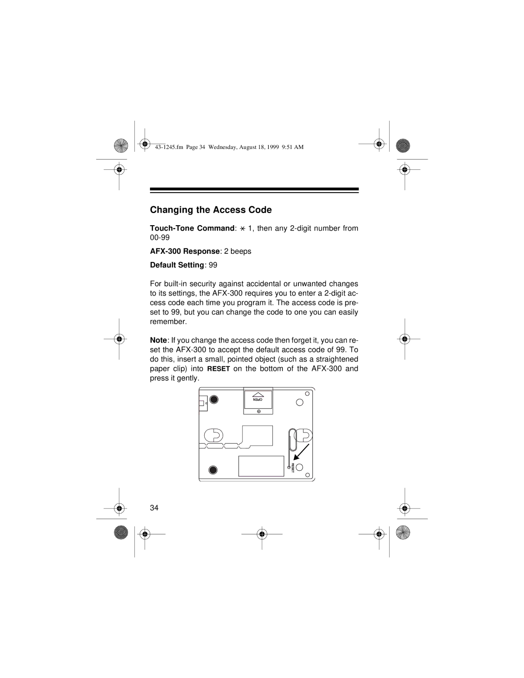 Radio Shack owner manual Changing the Access Code, AFX-300 Response 2 beeps Default Setting 