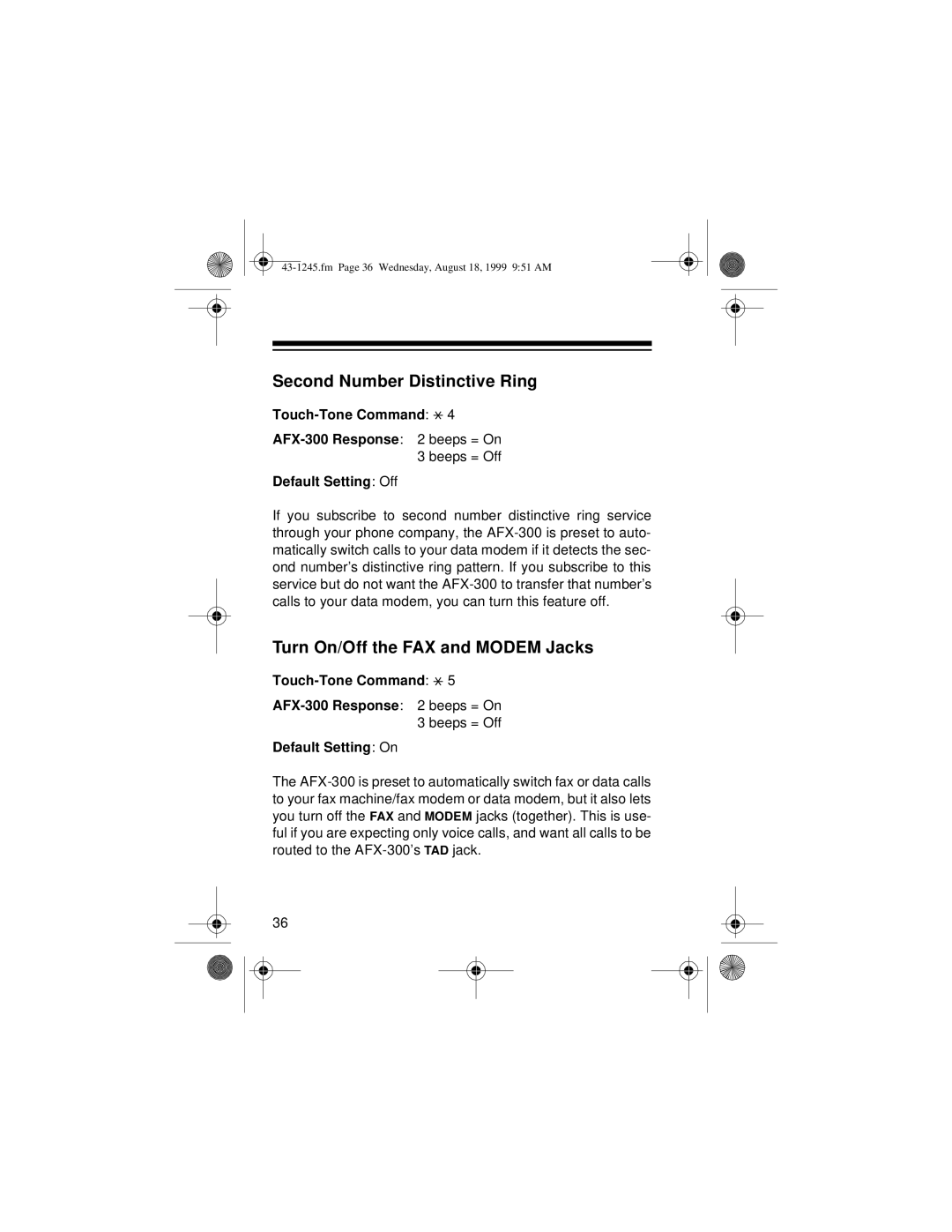 Radio Shack AFX-300 owner manual Second Number Distinctive Ring, Turn On/Off the FAX and Modem Jacks, Default Setting Off 