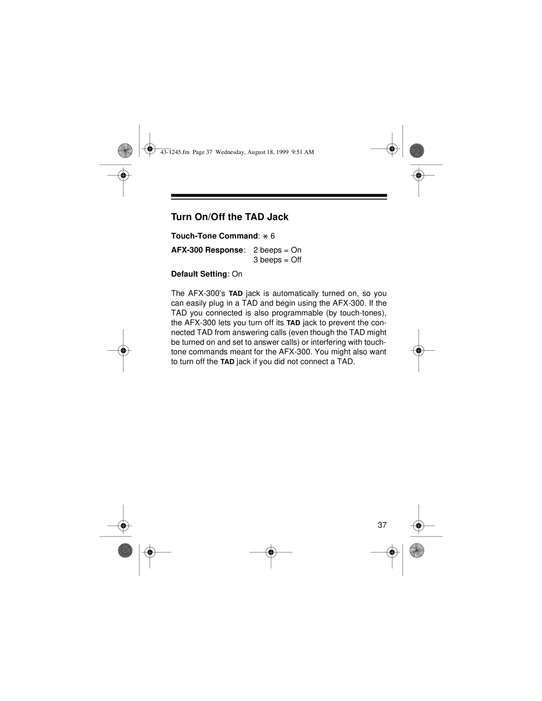 Radio Shack AFX-300 owner manual Turn On/Off the TAD Jack 