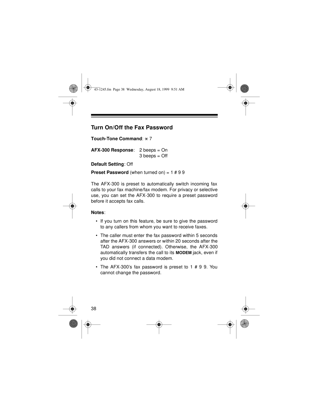 Radio Shack AFX-300 owner manual Turn On/Off the Fax Password 