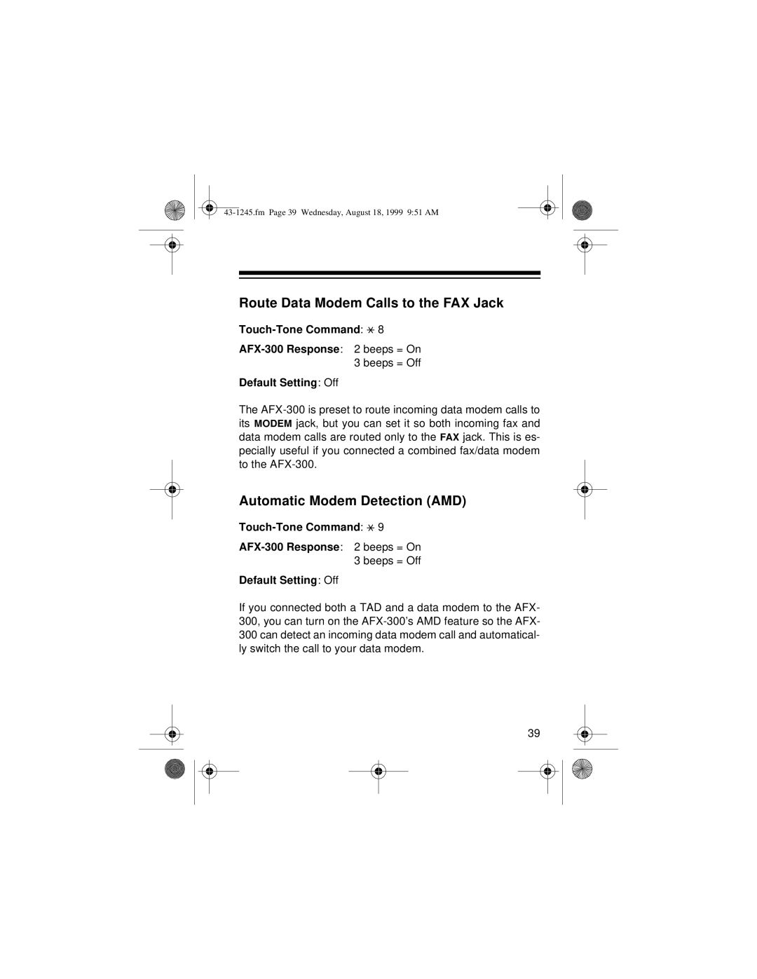 Radio Shack AFX-300 owner manual Route Data Modem Calls to the FAX Jack, Automatic Modem Detection AMD 