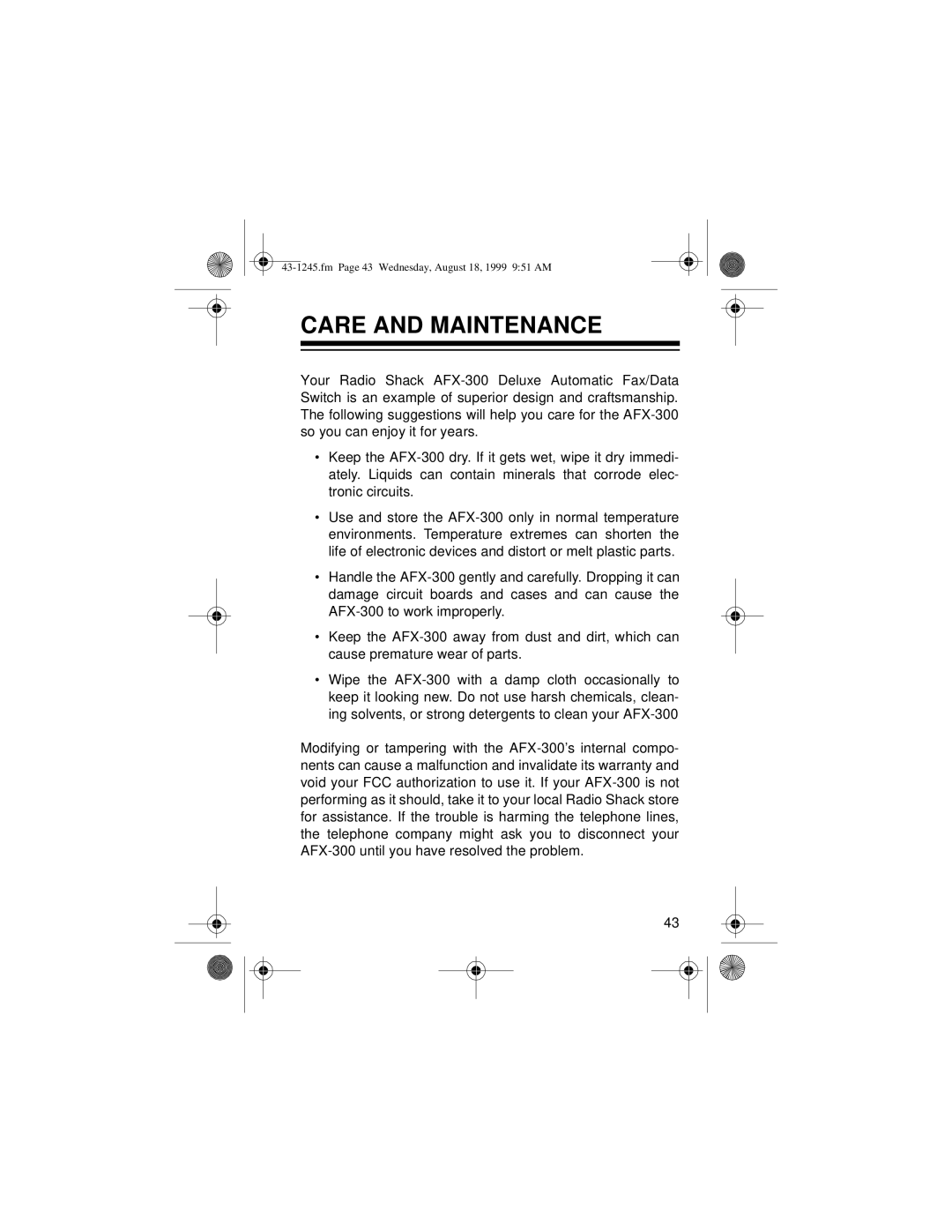 Radio Shack AFX-300 owner manual Care and Maintenance 