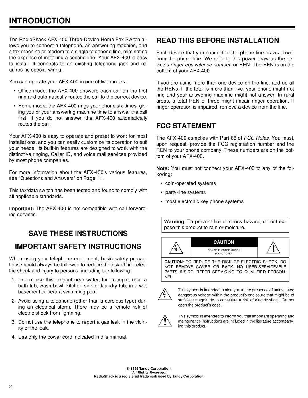 Radio Shack AFX-400 Introduction, Save These Instructions Important Safety Instructions, Read This Before Installation 