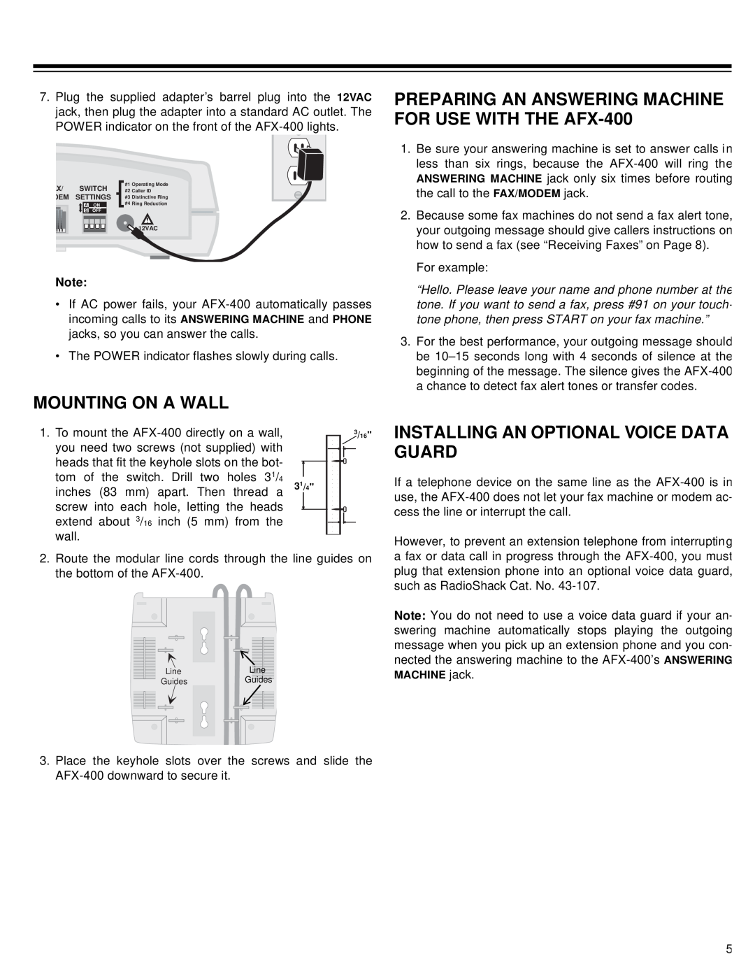 Radio Shack owner manual Mounting On A Wall, PREPARING AN ANSWERING MACHINE FOR USE WITH THE AFX-400 